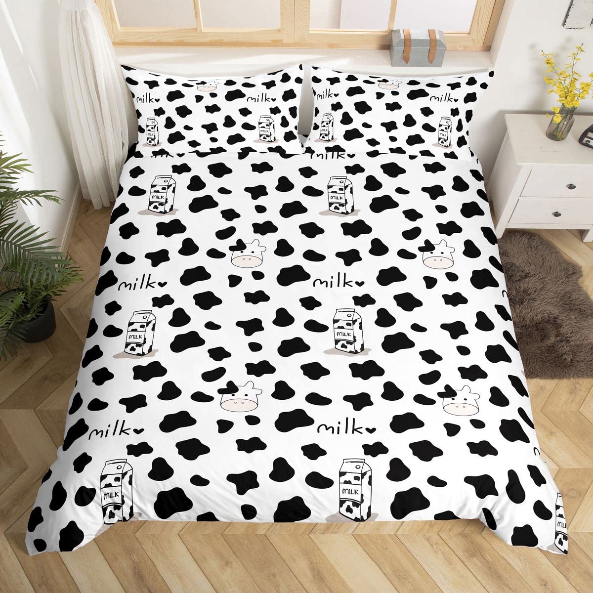 Feelyou Twin Size Kids Duvet Cover Set - Cute Cow Milk Cartoon Animal Design, Soft Microfiber Polyester Bedding for Boys & Girls (2-Piece Set with Pillow Sham, Zipper Closure, Black & White) | Perfect for Nursery, Kids Room & Sleepovers