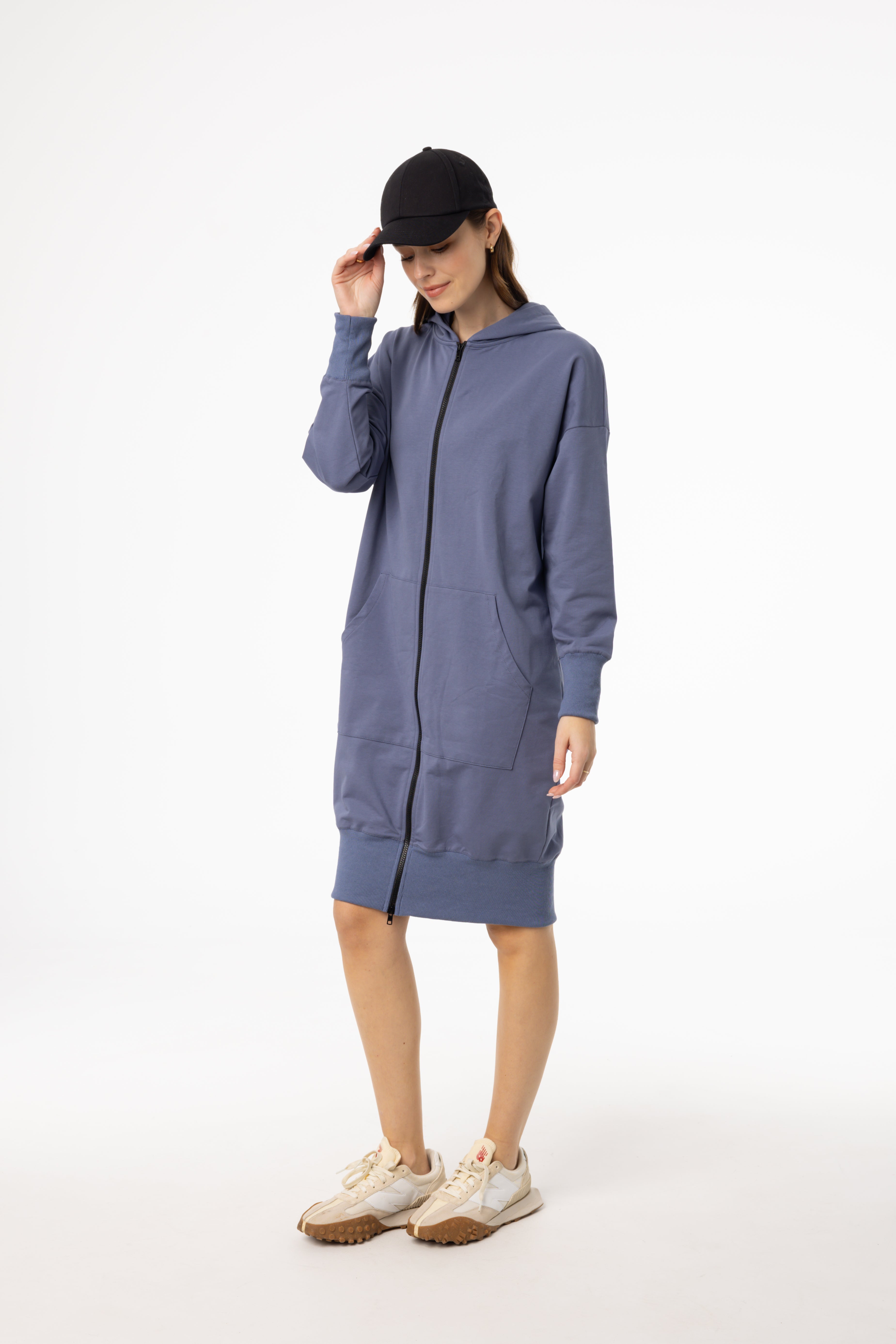 Blue Zipper Sweatshirt Dress for Women - Casual Pullover Hoodie Dress with Front Pocket | Perfect for Lounge Wear, Running Errands & Weekend Outfits