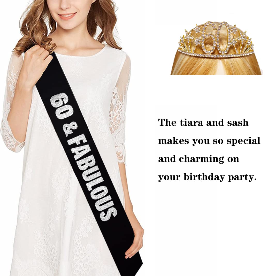 Mayin Happy 60th Birthday Tiara & Sash Set - Crystal Rhinestone Princess Crown with Gold/Silver Lettering & Black Sash - Perfect for Birthday Queen Parties, Milestone Celebrations & Special Occasions