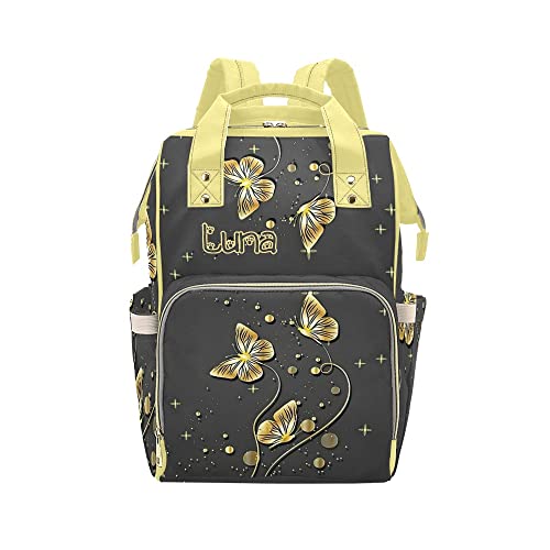 Personalized Golden Butterfly Black Diaper Backpack - Custom Name Mommy Nursing Bag, Waterproof Baby Nappy Backpack for Travel, Daycare & Outings - Perfect Gift for New Moms & Baby Showers