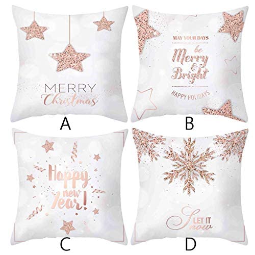 Christmas Throw Pillow Covers 4 Pack - 18x18 Inch Rose Gold Merry Christmas Letter Print Decorative Pillowcases for Sofa, Couch & Home Decor - Holiday Cushion Covers in Pink (Perfect for Christmas Decorations, Gifts & Festive Home Styling)