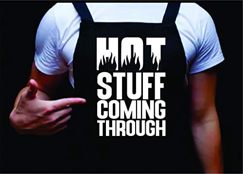 Funny BBQ Apron for Men - Dabbledown Hot Stuff Coming Through Manly Grilling Apron - Perfect for Cooking, Grilling & Outdoor Parties - Great Gift for Dad, Husband & Grill Masters