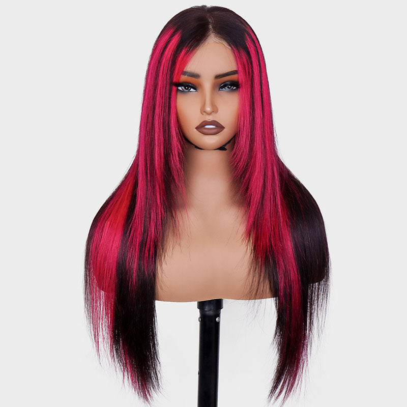 Eullair Green Skunk Stripe Layered Cut Straight Human Hair Wig with Golden Ginger Highlights - Pre Cut Lace Front for Natural Look | Perfect for Cosplay, Halloween, Daily Fashion & Special Occasions