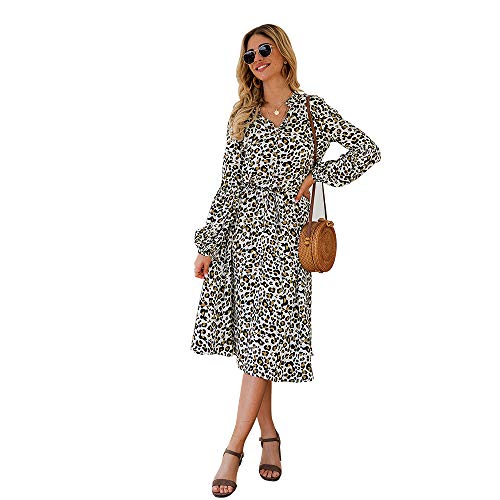 2021 Women's Stylish Leopard Print Midi Dress with Long Sleeves, High Waist & Button Front | A-Line Flattering Silhouette with Adjustable Drawstring Belt | Perfect for Office Wear, Date Nights & Special Occasions