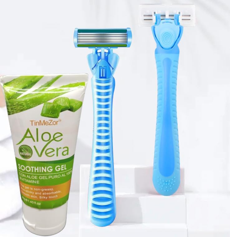 Painless Hair Removal Cream Kit for Women & Men - Aloe Vera & Razor Included, Body & Face Friendly (Blue) | Smooth Skin for Summer, Bikini Line & Sensitive Areas