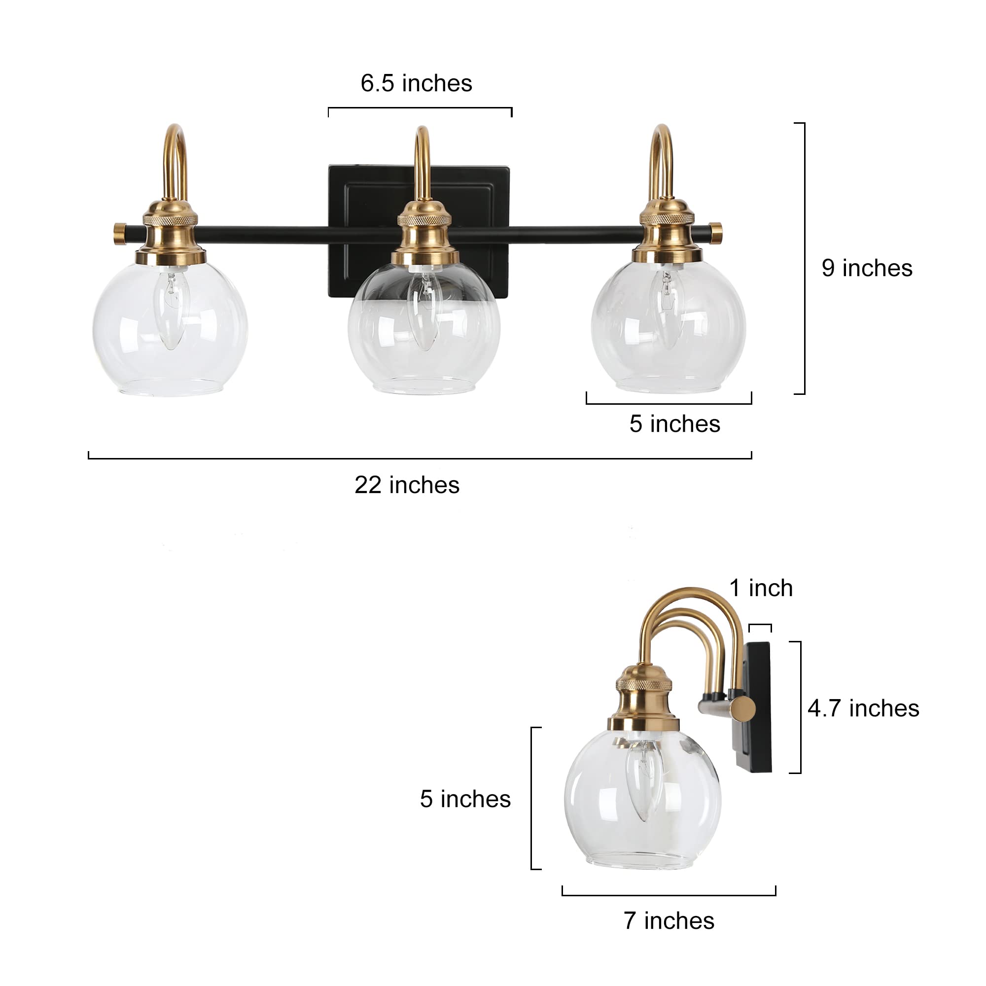 ZEVNI Black Gold Vanity Lights - 3-Light Bathroom Light Fixtures with Clear Glass Globes, 22