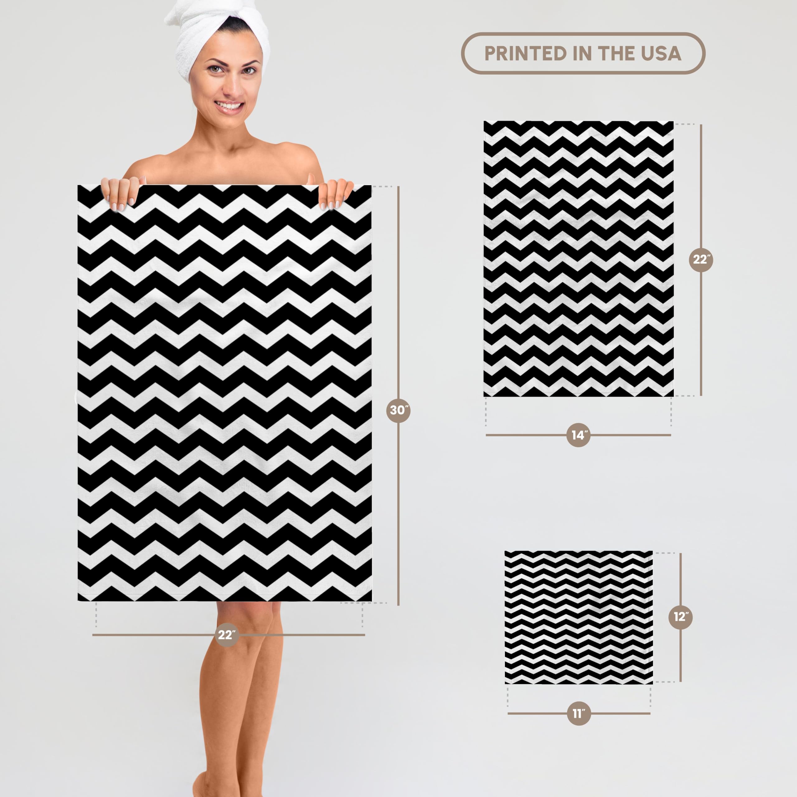 3D Rose 11x12 Inch Wash Cloth for Face & Body - Black & White Chevron Zig Zag Pattern, Soft & Absorbent Bath Towel | Perfect for Spa, Gym, Travel & Daily Skincare Routine