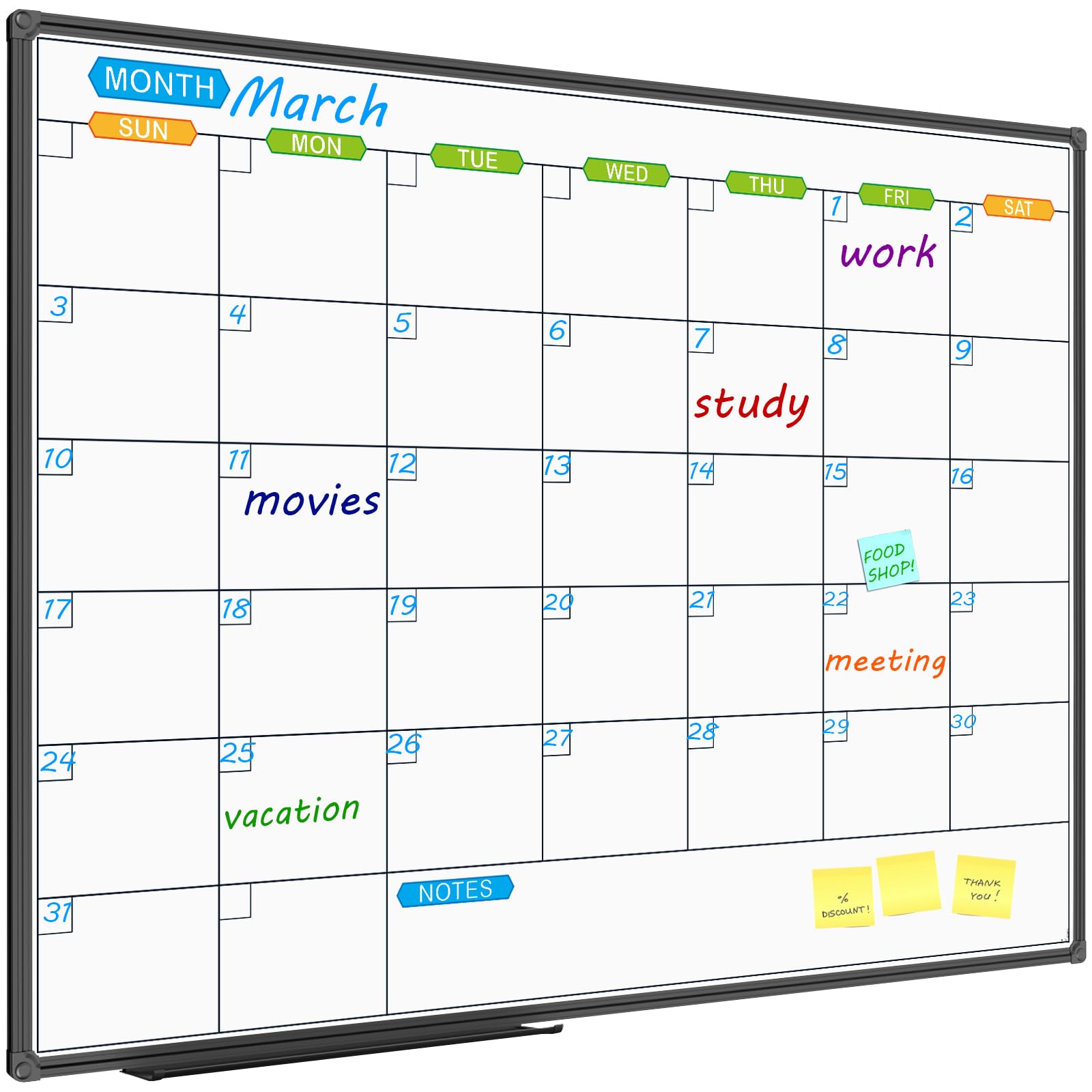 JILoffice 48 x 36 Inch Magnetic Dry Erase Calendar Whiteboard - Monthly Planner with Black Aluminum Frame for Office, Home & School - Perfect for Scheduling, Meetings & Classroom Organization