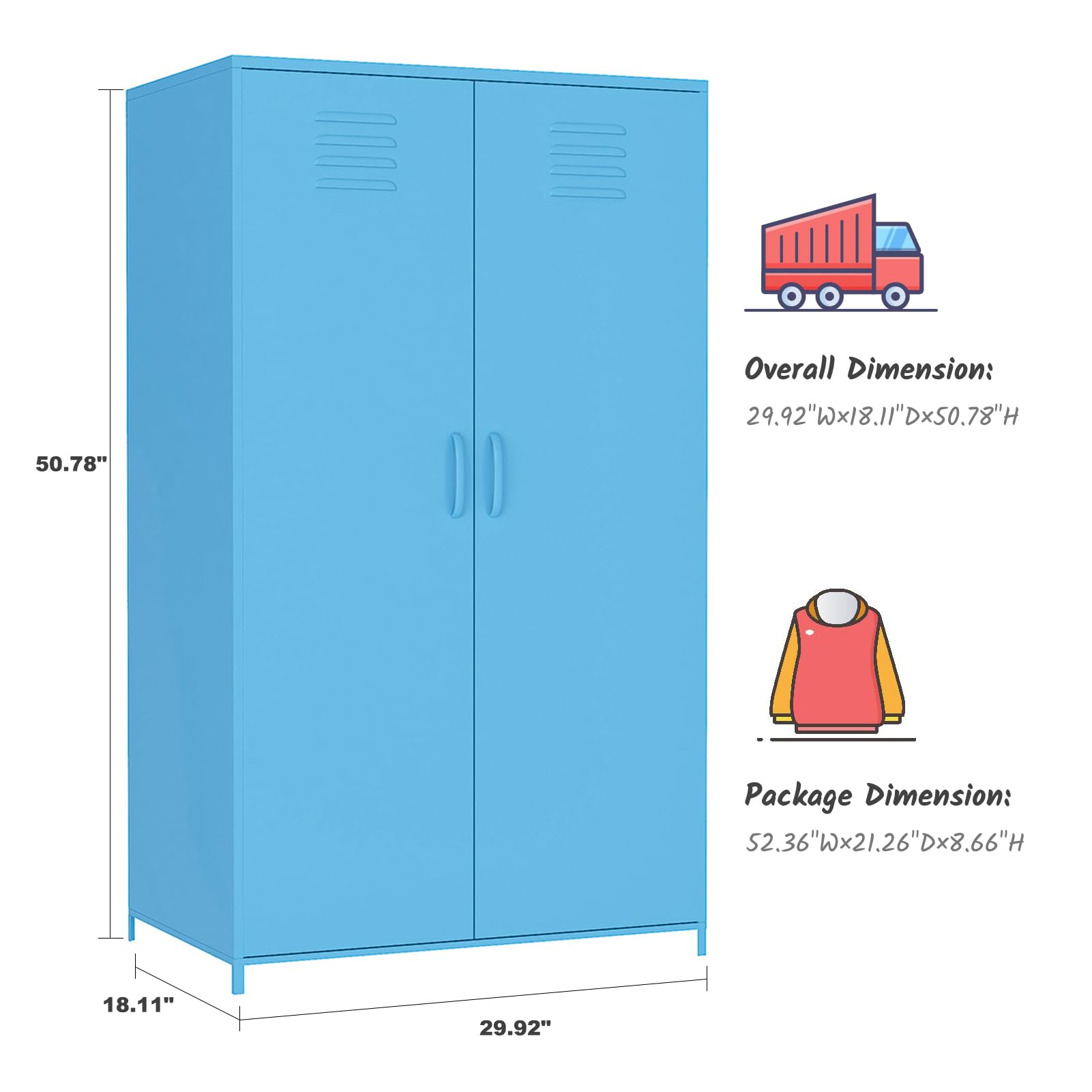 Steel Locker Cabinet with Double Doors, Hanging Rod & Shelves - Storage for Clothes, Toys & School Supplies | Perfect for Bedroom, Classroom & Office Organization (Blue)