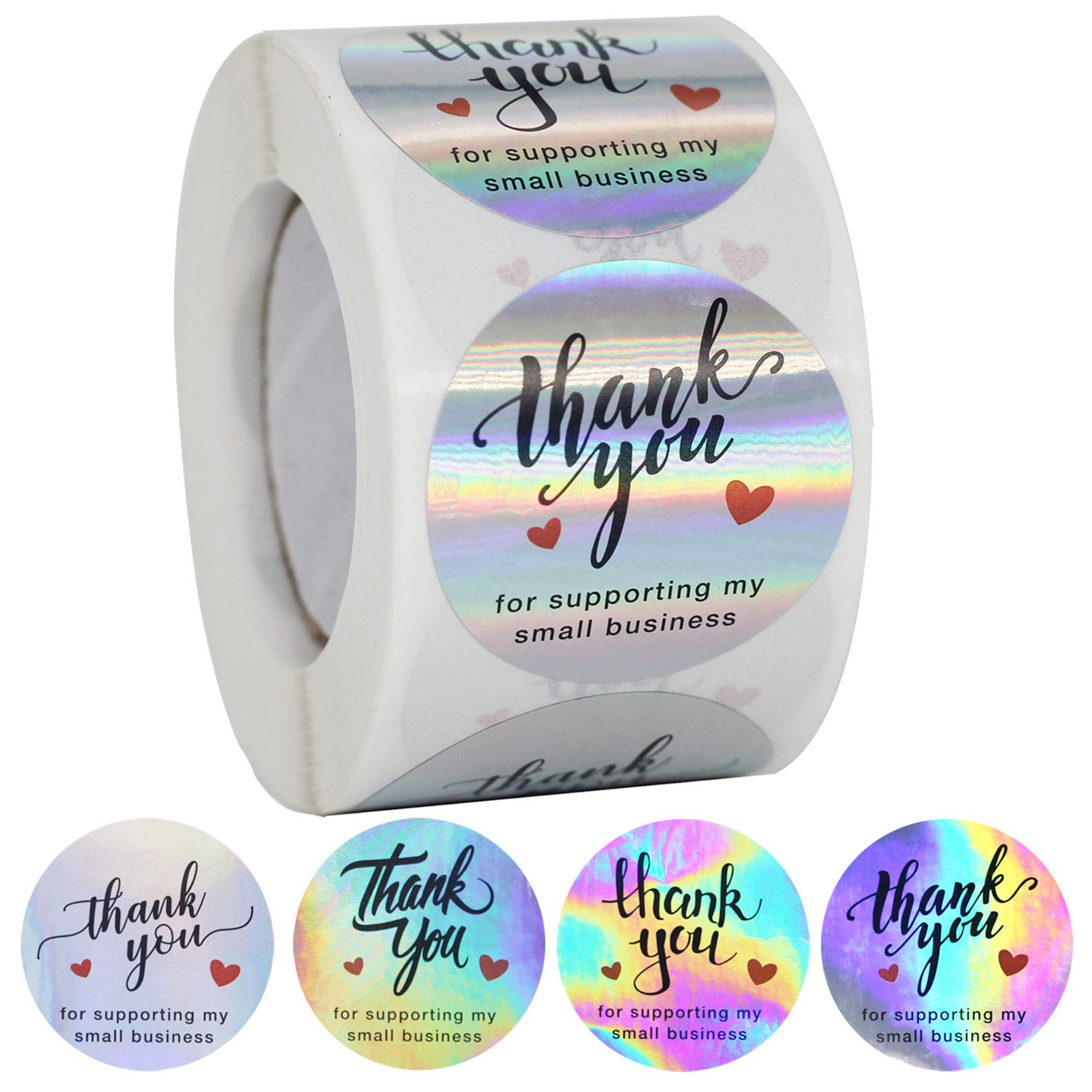 500pcs 1.5” Thank You Stickers Roll for Small Business - 4 Holographic Designs for Packaging, Shipping Labels & Customer Appreciation - Perfect for Etsy Sellers, Shopify Stores & Small Business Branding