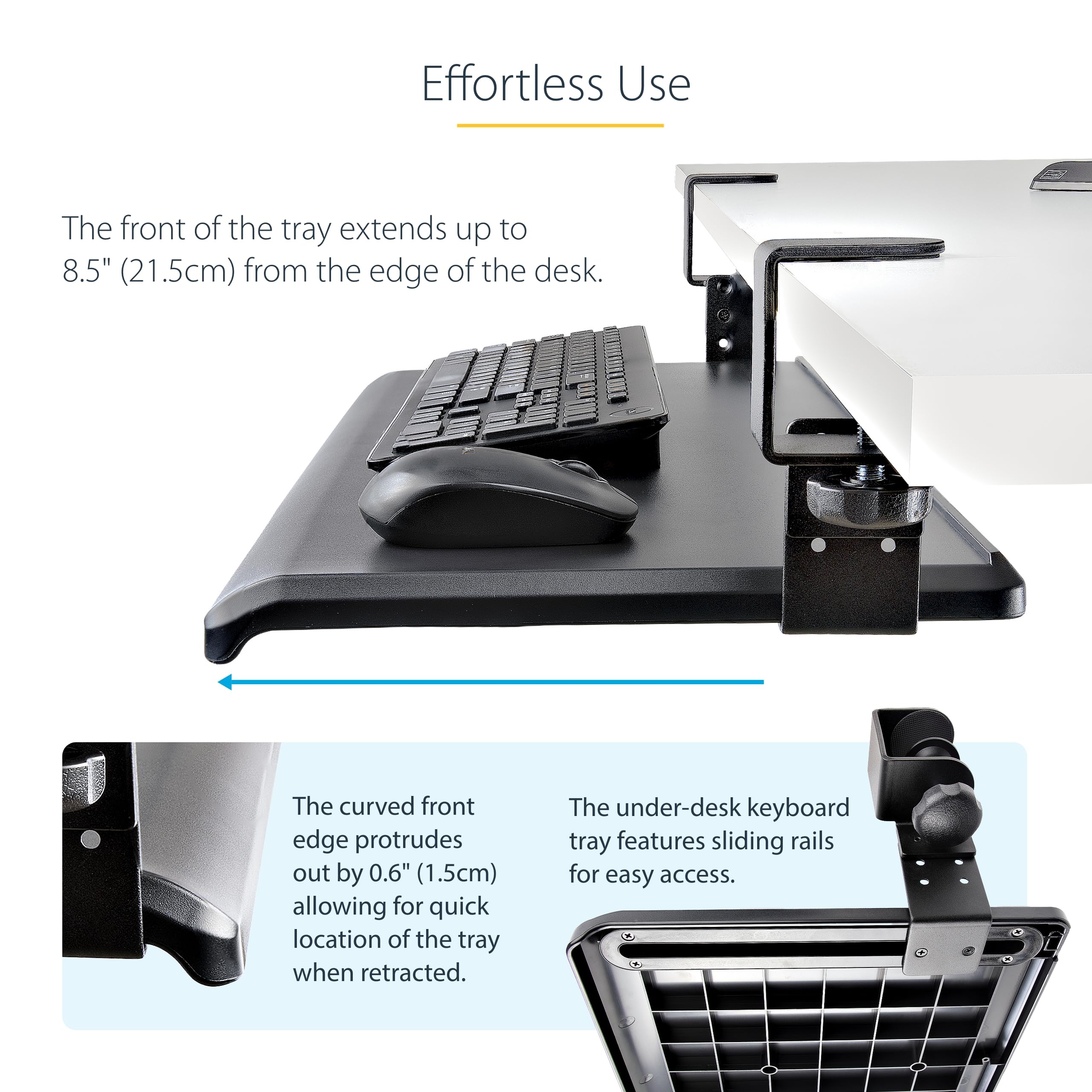 StarTech.com Under Desk Keyboard Tray - Ergonomic Clamp-On Keyboard Holder with Adjustable Height & Sliding Drawer for Mouse (Supports Up to 26.5lbs/12kg) | Perfect for Home Office, Gaming Setup & Workspace Organization | TAA Compliant