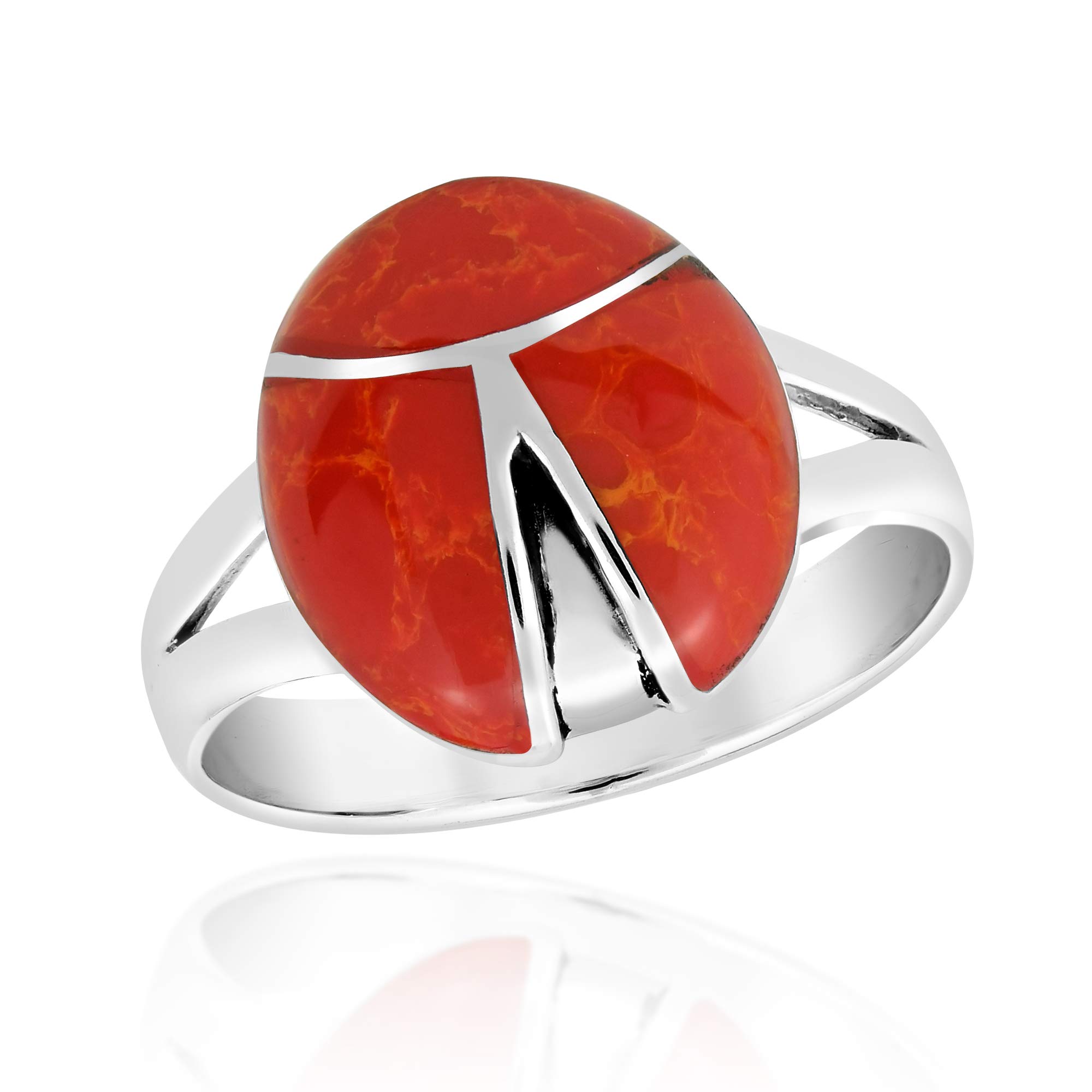 Aeravida Minimalist Ladybug Inspired Reconstructed Red Coral Inlay .925 Sterling Silver Ring for Women | Classic Wedding Band, Everyday Jewelry | Comfort Fit Silver Ring Gift for Daughter, Wife, Mom | Available in Sizes 6-10 | Perfect for Anniversaries, Birthdays & Special Occasions