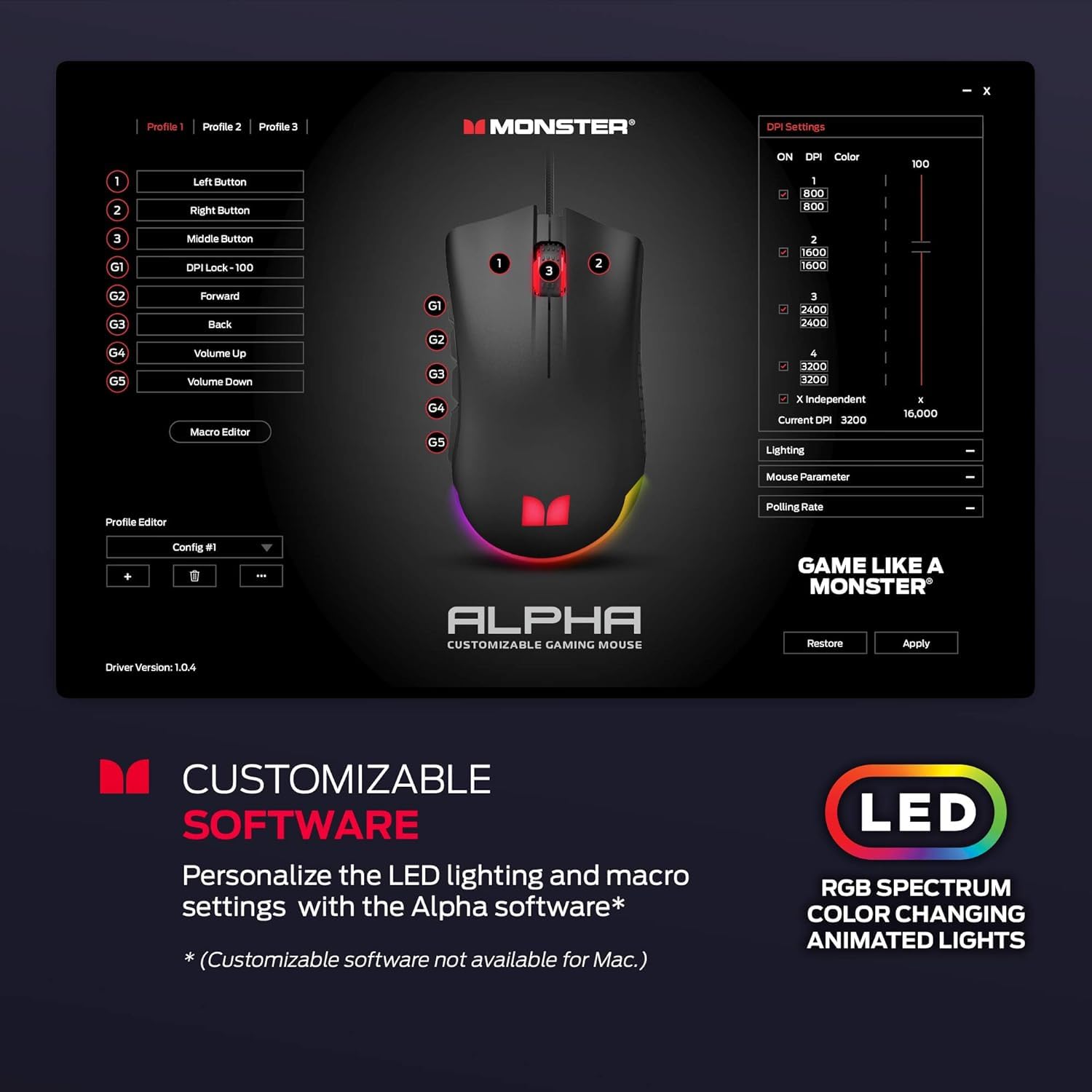 Monster Alpha 9.0 RGB Wired Gaming Mouse - 16,000 DPI, 7 Programmable Buttons, Ergonomic Design with Customizable LED Lighting for PC Gamers | Perfect for FPS, MOBA & MMO Gaming (Black)