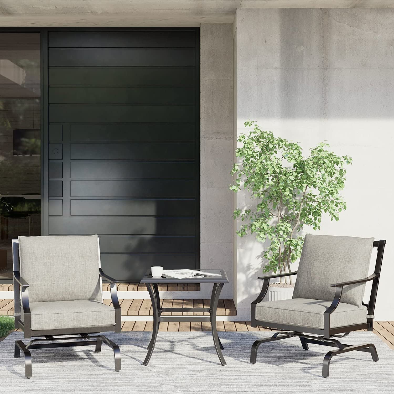 3-Piece Outdoor Patio Furniture Set with Glider Rocking Chairs, Gray Cushions & Square Coffee Table - Perfect for Garden, Lawn, Poolside & Backyard Relaxation