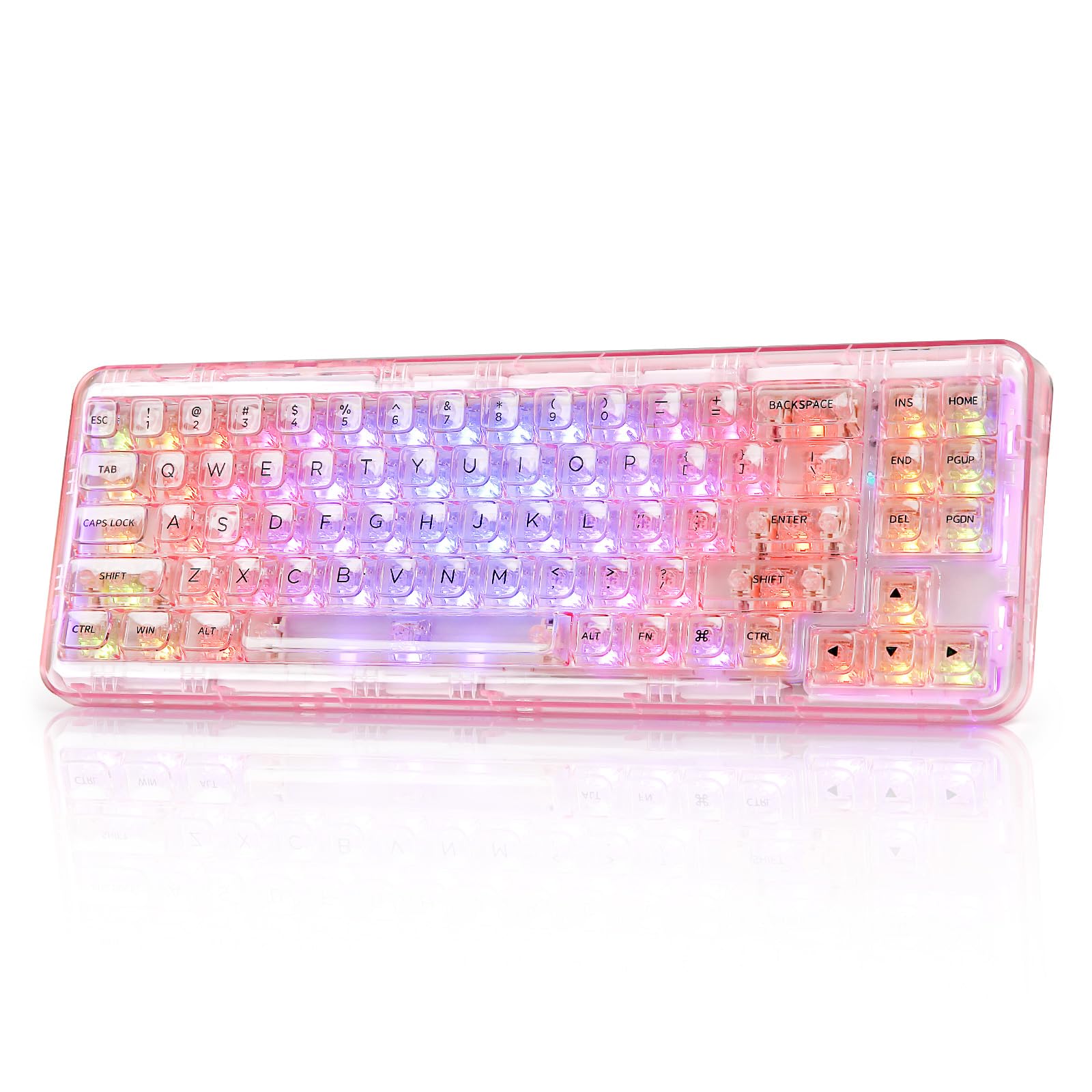 YUNZII X71 68% Wireless Mechanical Keyboard - Hot Swappable, Transparent Design with Clear Keycaps, BT5.0/2.4G/USB-C Connectivity, RGB Backlit, Gasket Mount for Windows/Mac (Crystal Ice Switch, Pink) - Perfect for Gaming, Office Work & Typing Enthusiasts