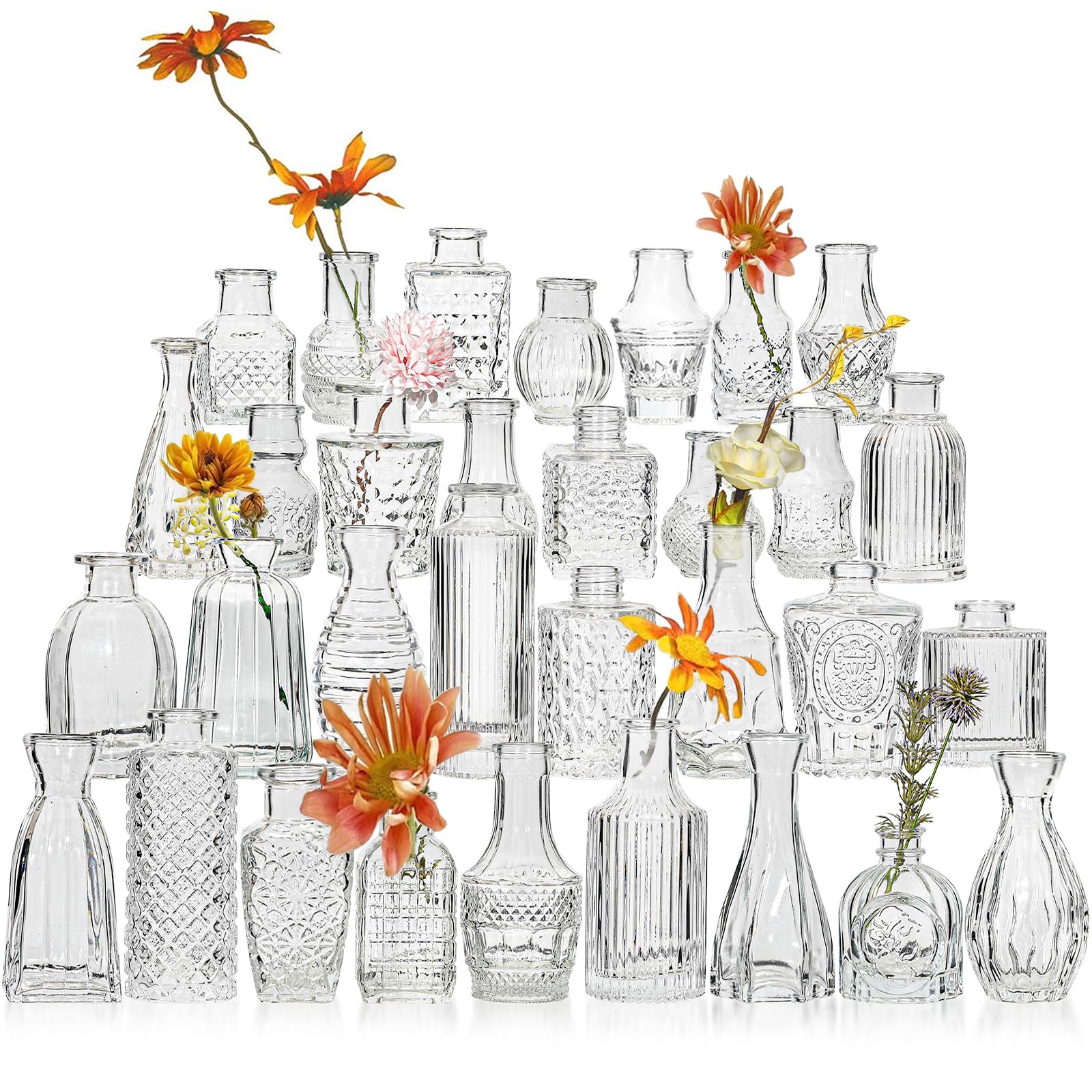 32 Pcs Clear Glass Bud Vases Set - Small Vintage Flower Vases for Wedding Centerpieces, Bulk Wedding Decorations, Home Table Decor - Perfect for Floral Arrangements, Party Decor, and DIY Crafts