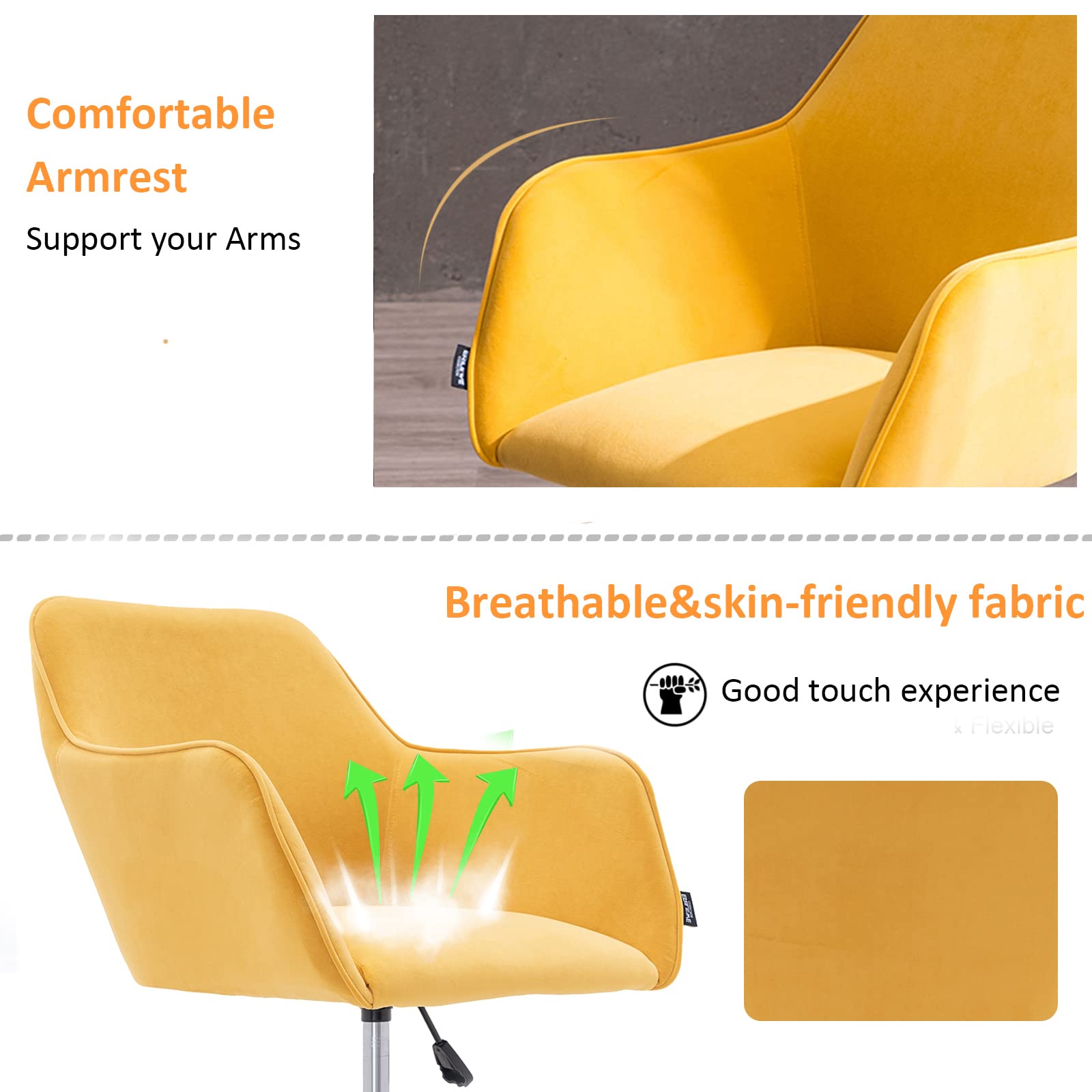 Henf Velvet Office Chair - 360° Swivel Home Desk Chair with Elegant Gold Base | Soft Tufted Vanity Chair for Kids & Students | Perfect for Bedroom, Living Room & Home Office (Style10-Yellow)