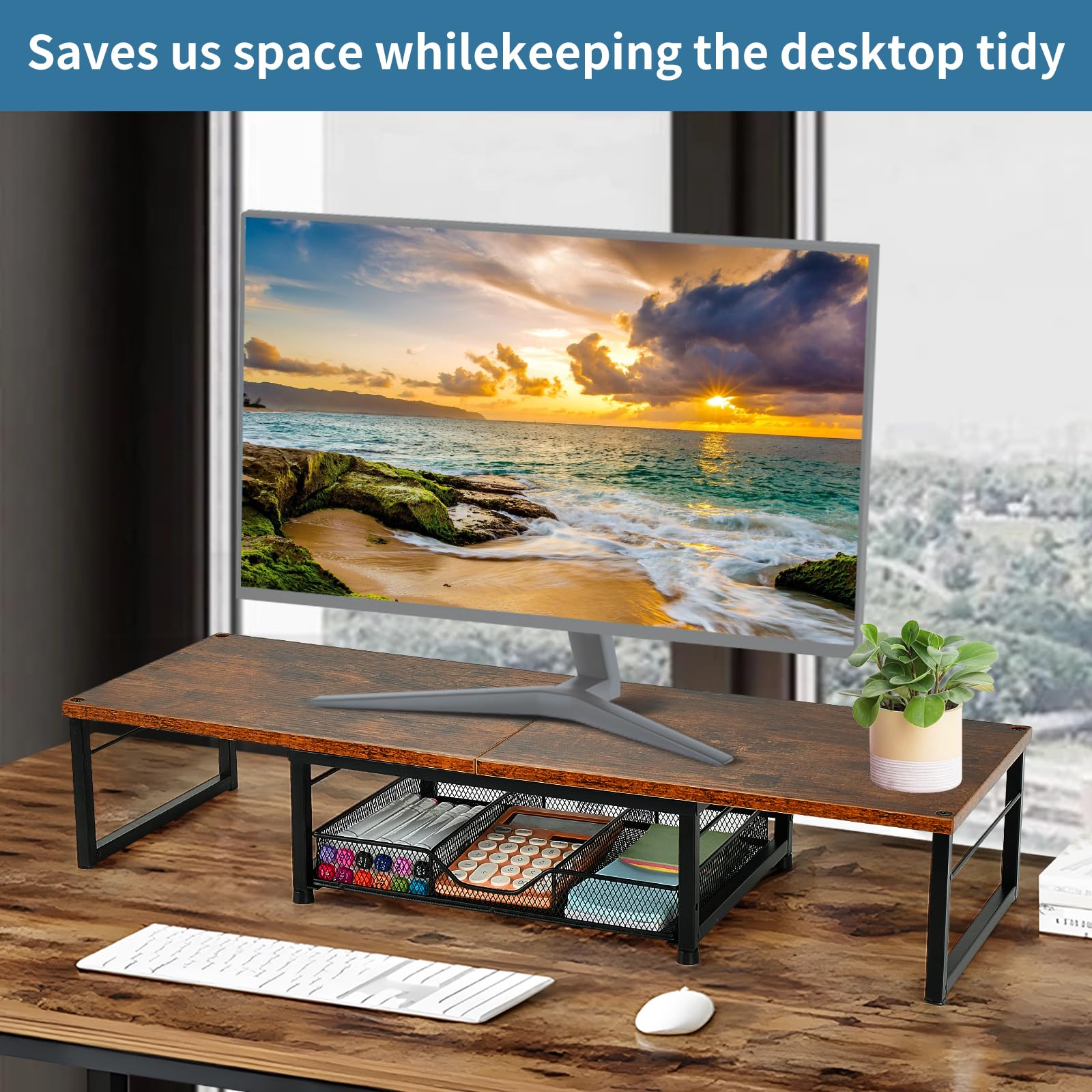 Dual Monitor Stand Riser with Drawer - Rustic Brown Desk Organizer for Office Workspace | Computer Monitor Stand for Laptop, Printer & TV | Perfect for Home Office Setup & Workspace Organization