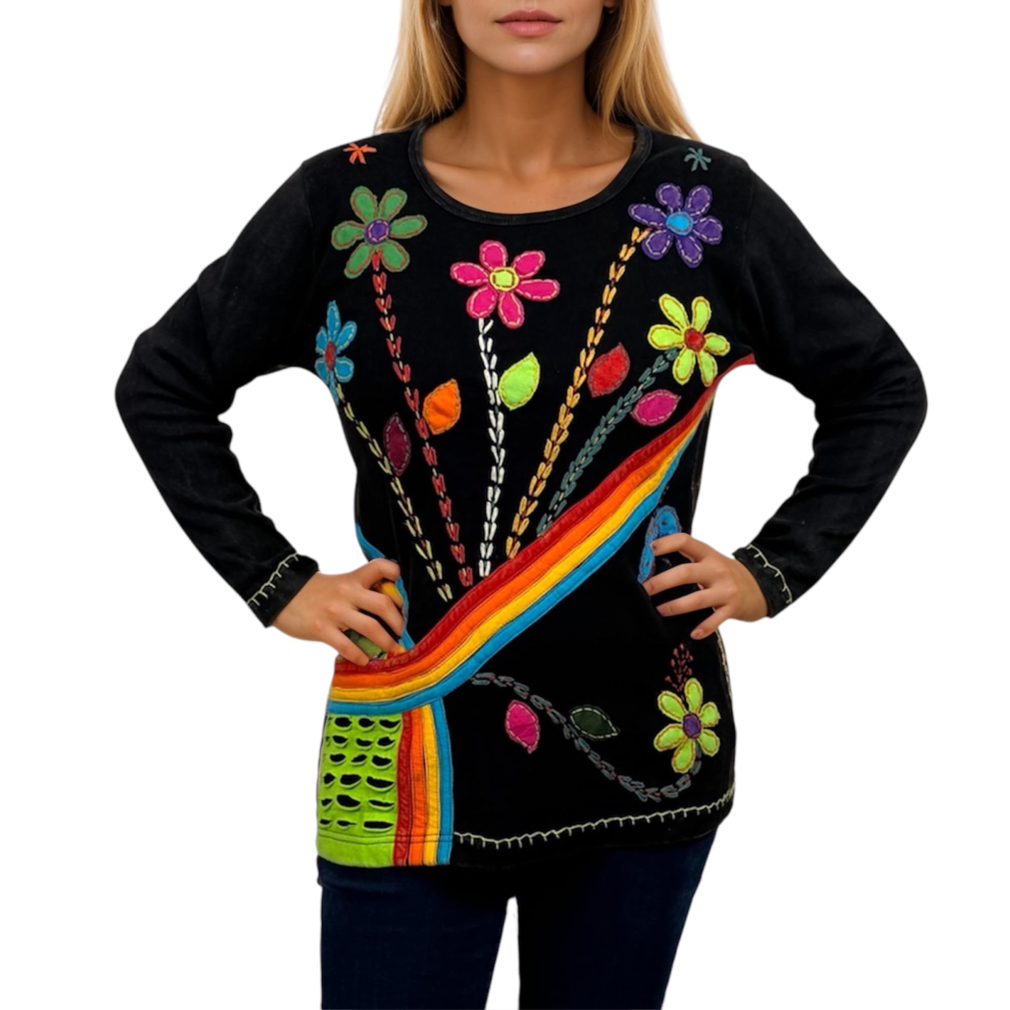 Agan Traders 2025 Spring Women's Boho Rib Knit Cotton Distressed Embroidered Long Sleeve Sweatshirt Top Blouse - Casual Outfit for Streetwear, Travel & Boho Fashion