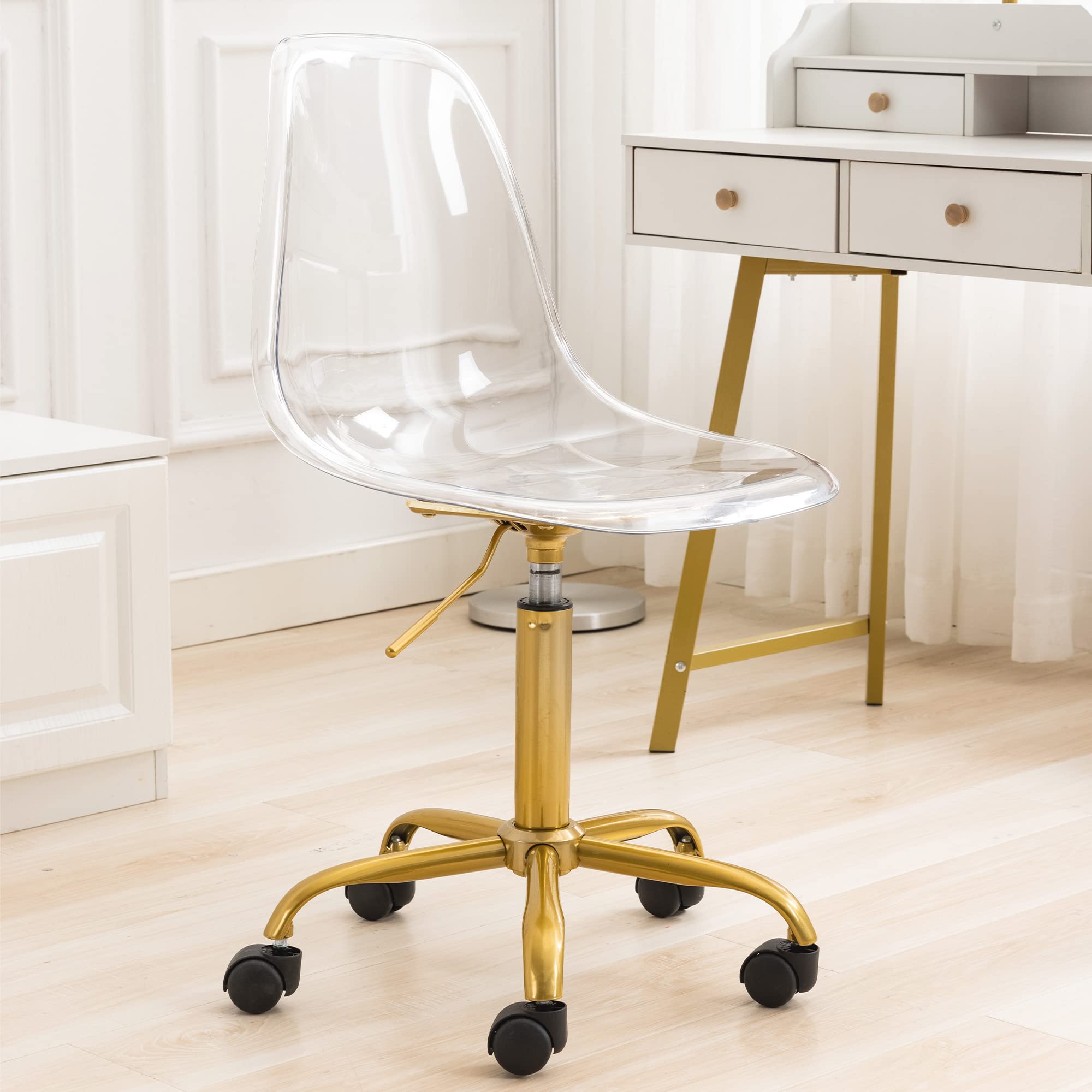 Modern Clear Acrylic Rolling Desk Chair - Adjustable Height Armless Office Chair with Wheels for Home, Vanity, or Workspace | Small Plastic Ghost Chair for Stylish & Functional Seating
