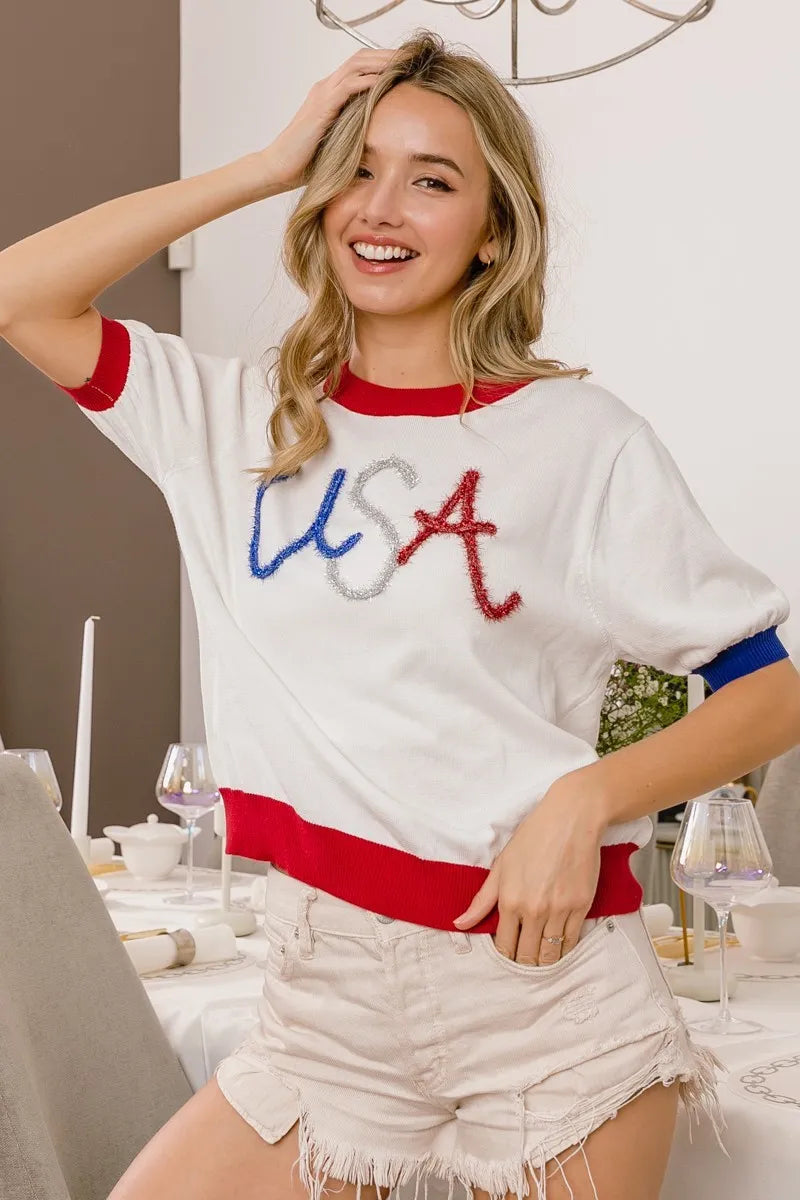 BiBi USA Women's Metallic Letter Color Block Knit Top - Trendy Casual Pullover for Streetwear & Everyday Fashion