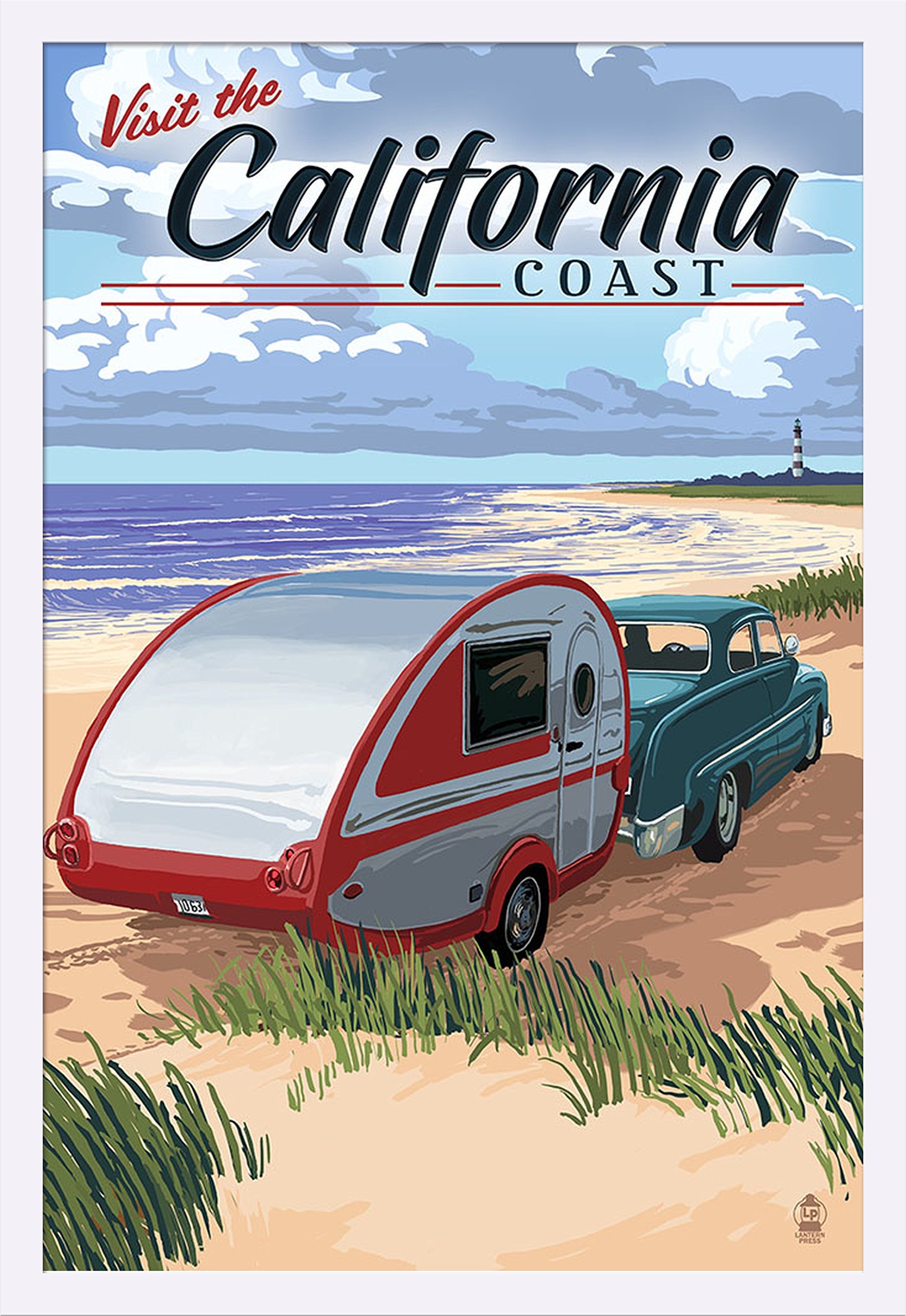 California Coast Retro Camper Beach Art Print - 24x36 Giclee Gallery Framed in White Wood - Perfect for Coastal Decor & Beach House Wall Art