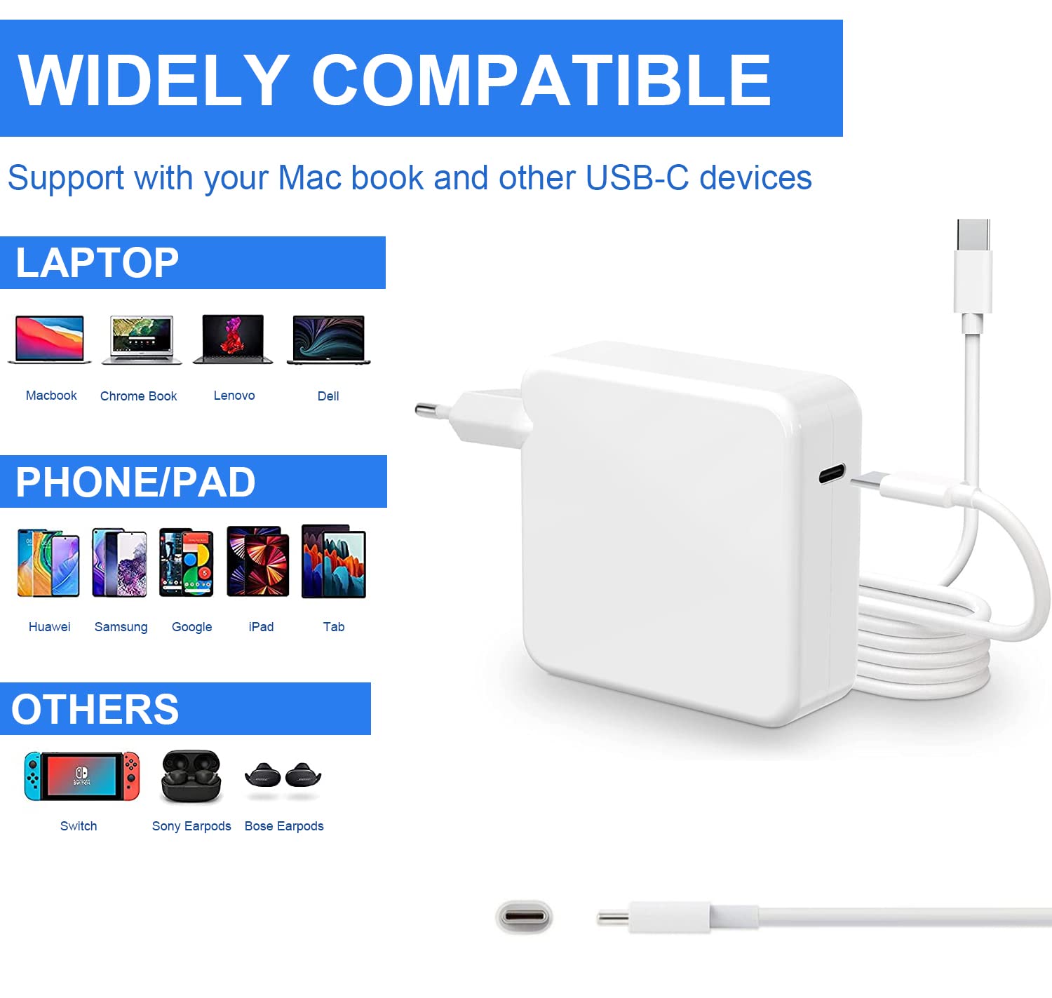 67W Fast USB-C Charger for MacBook Air 13/15 Inch & MacBook Pro 14/13/12 Inch (2022-2018 Models), iPad Pro - Universal Power Adapter Compatible with Lenovo, HP, Samsung, Dell, ASUS Laptops & USB Devices | Perfect for Home, Office & Travel Charging