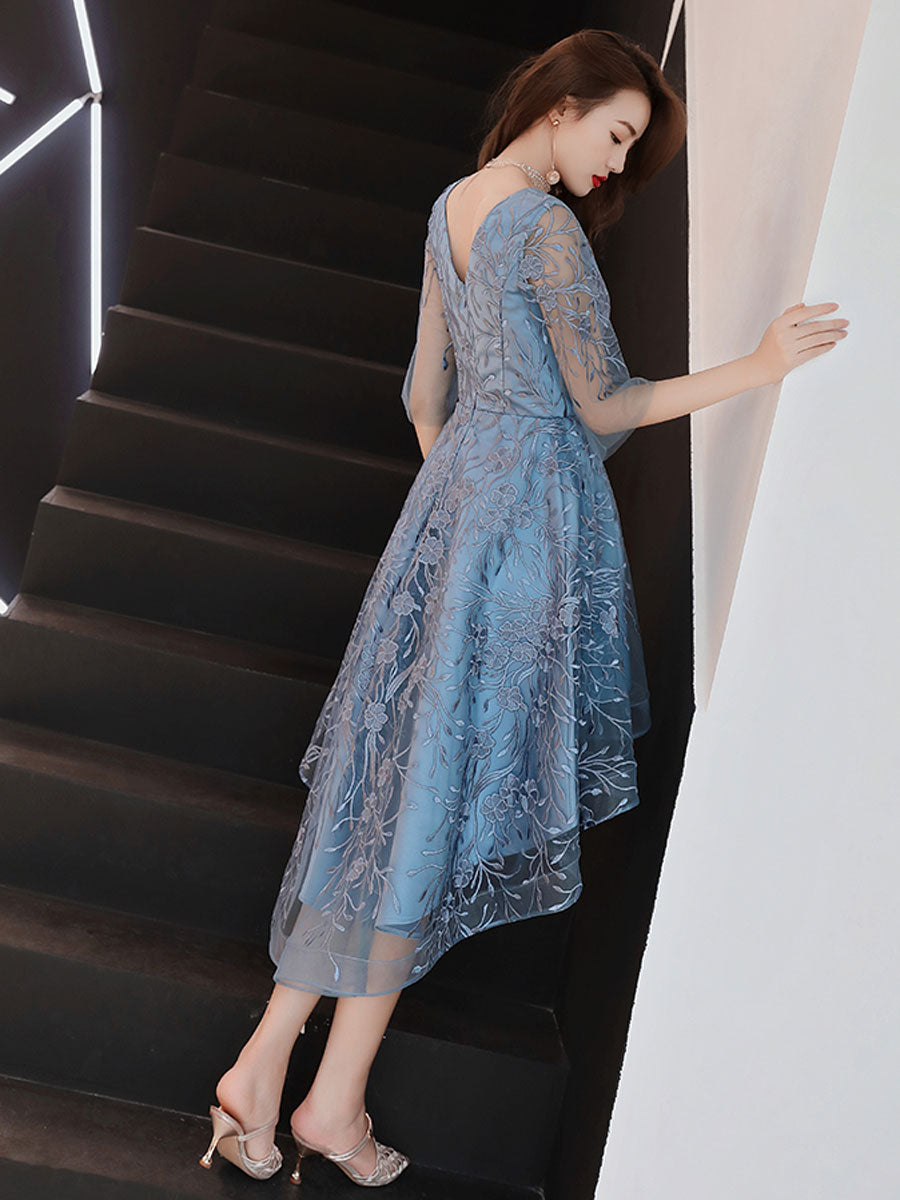 Elegant Blue V-Neck Tulle Lace Prom Dress with High Neckline - Perfect for Homecoming, Formal Dances & Special Occasions