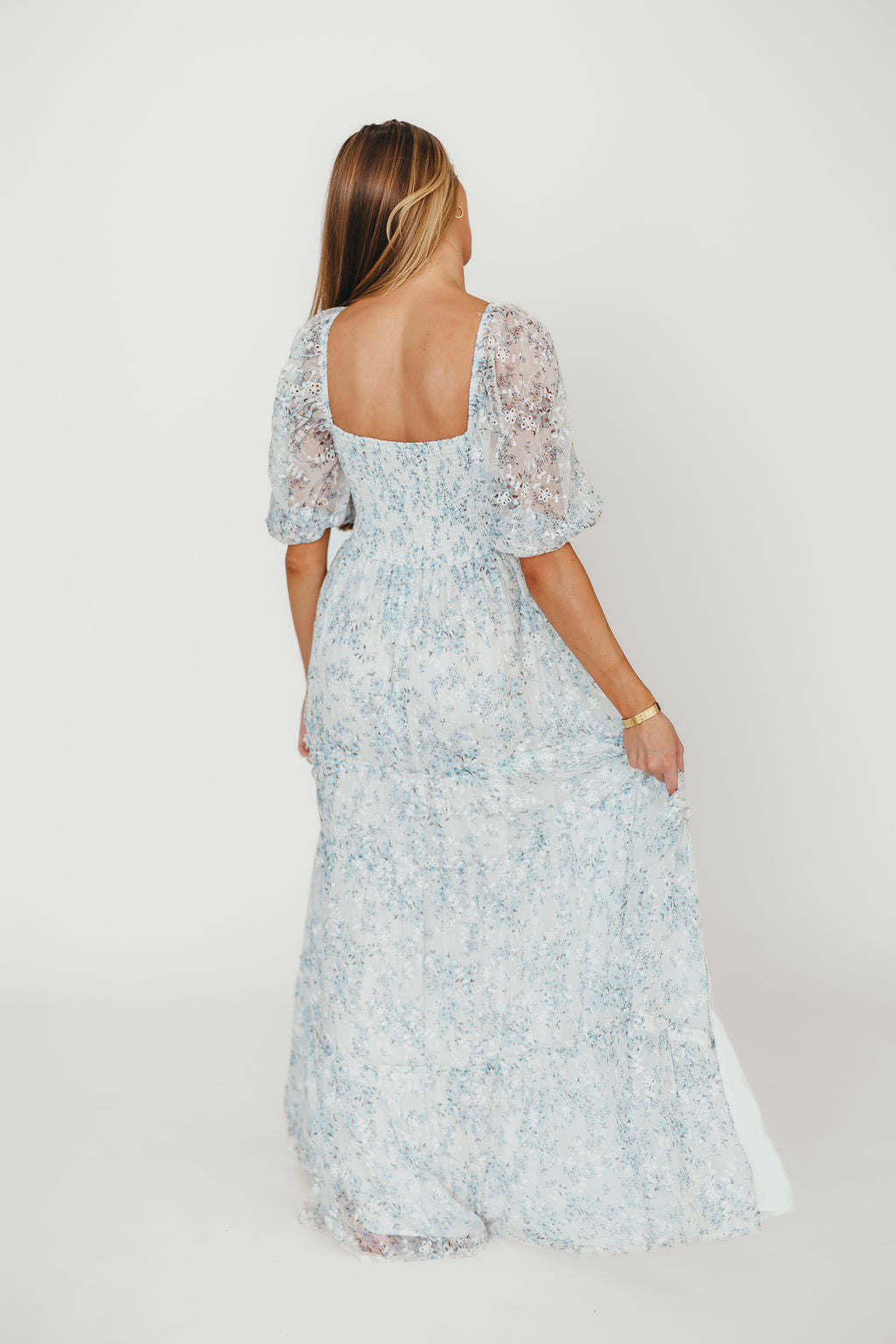Blue and White Floral Daphne High Slit Eyelet Detail Maxi Dress - Plus Size & Inclusive Sizing - Perfect for Beach Vacations, Summer Parties & Boho Weddings