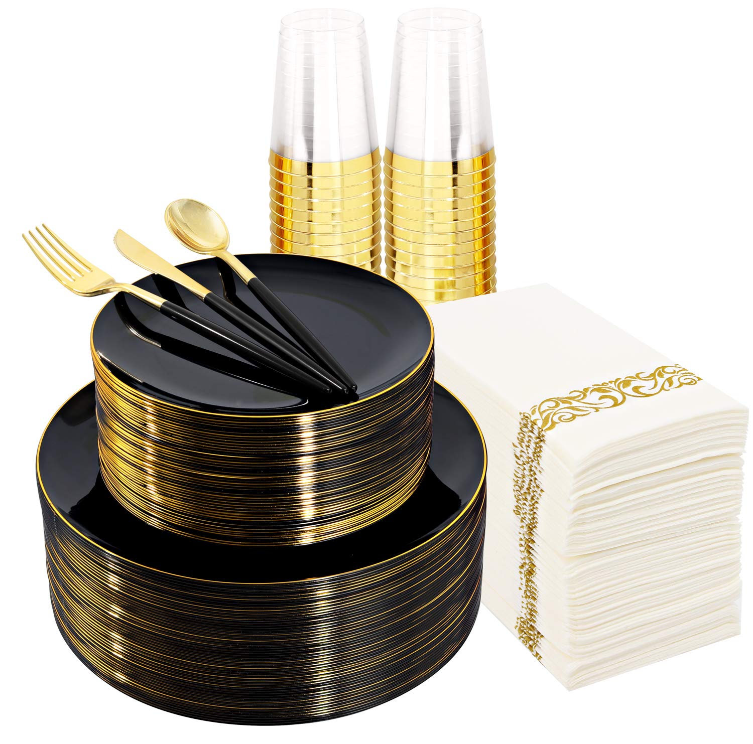Premium 350-Piece Black Plastic Dinnerware Set with Gold Rim - Elegant Black & Gold Plastic Plates, Forks, Knives, Spoons & Cups - Perfect for Weddings, Christmas Parties & Formal Events