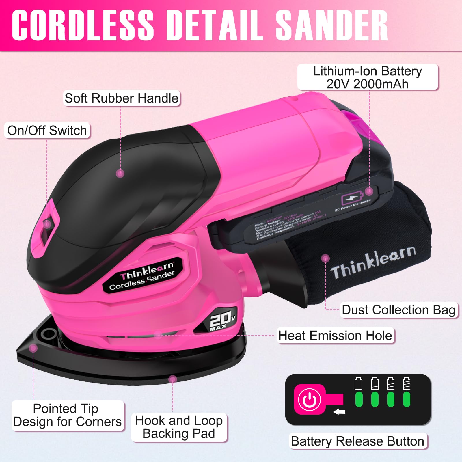 20V Cordless Detail Sander with 22Pcs Sandpaper - 12,000 RPM Electric Mouse Sander with Dust Bag, 2.0Ah Battery & Charger - Compact Palm Sander for Woodworking, Furniture Refinishing & DIY Home Projects