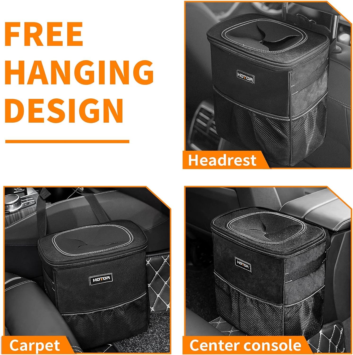HOTOR 3 Gallon Car Trash Can - Large Capacity Waterproof Vehicle Organizer with Adjustable Straps & Magnetic Snaps - Perfect for Road Trips, Camping & Daily Commute - Black