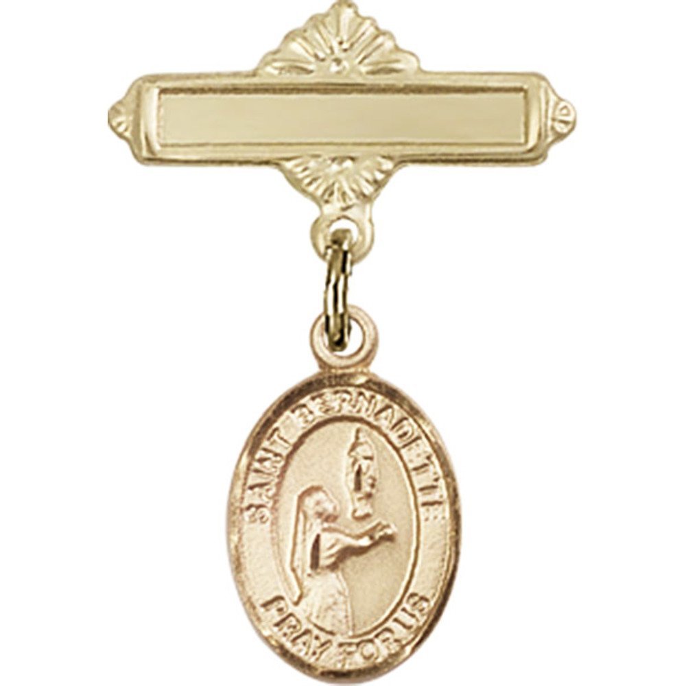 Gold Filled Baby Badge with St. Bernadette Charm - 1 X 5/8 Inch Polished Pin for Christening, Baptism & First Communion - Perfect Religious Jewelry Gift for Infants