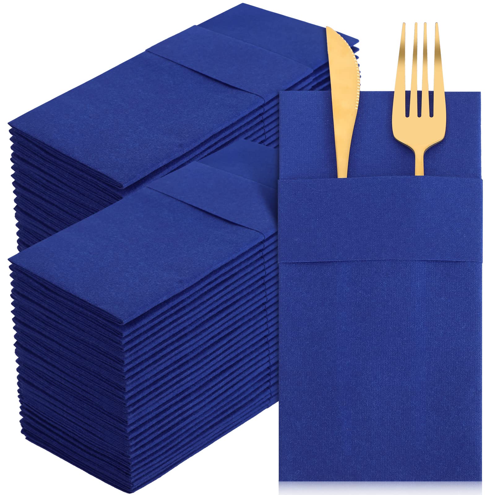 300 Pcs Premium Linen Feel Pocket Napkins - Disposable Kangaroo Airlaid Paper Dinner Napkins with Built-In Flatware Pocket for Silverware - Perfect for Weddings, Parties, Thanksgiving & Christmas (Navy Blue) | Elegant Table Setting & Holiday Entertaining Essentials