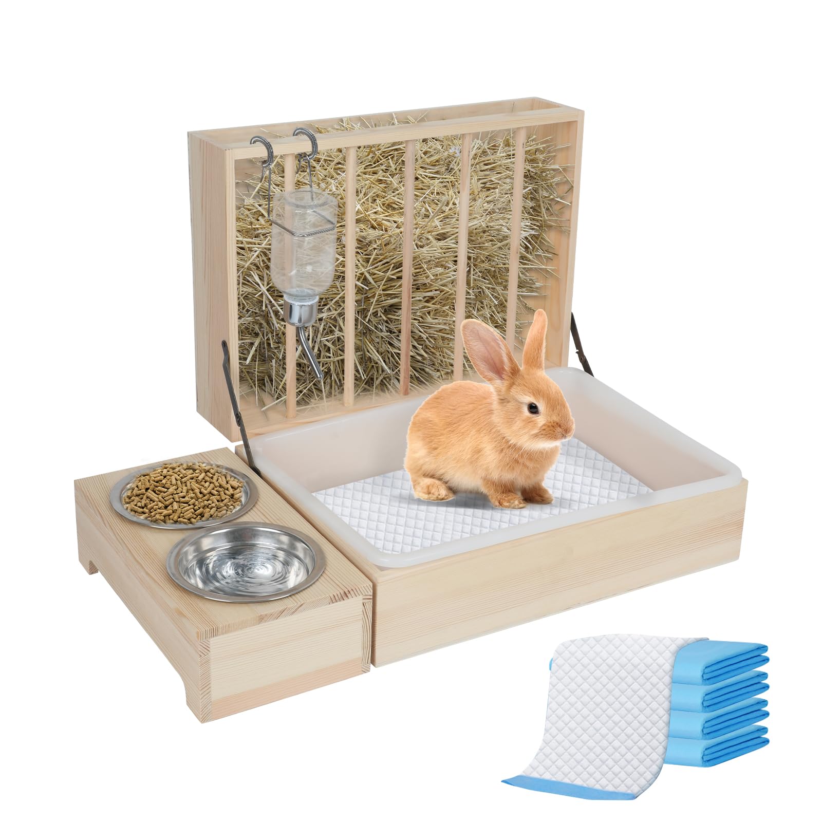 4 in 1 Rabbit Hay Feeder with 500ml Water Bottle, Food Bowl & Litter Box - Foldable Small Pet Cage Accessories for Clean & Healthy Habitat - Perfect for Indoor Bunny Cages, Hutch Enrichment, and Small Animal Care