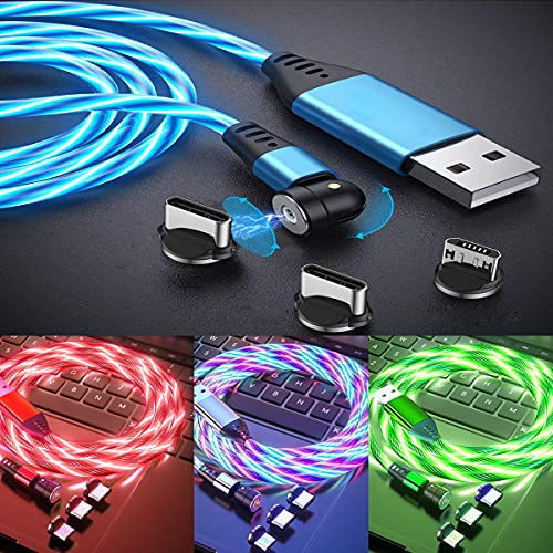 LED Flowing Magnetic Charging Cable 4-Pack (3ft & 6ft Lengths) - 360° Rotating Fast Charging Cord with Glow Effects | 3-in-1 Magnetic Phone Charger Compatible with Micro USB & Type C | Perfect for Parties, Night Use & Travel Accessories