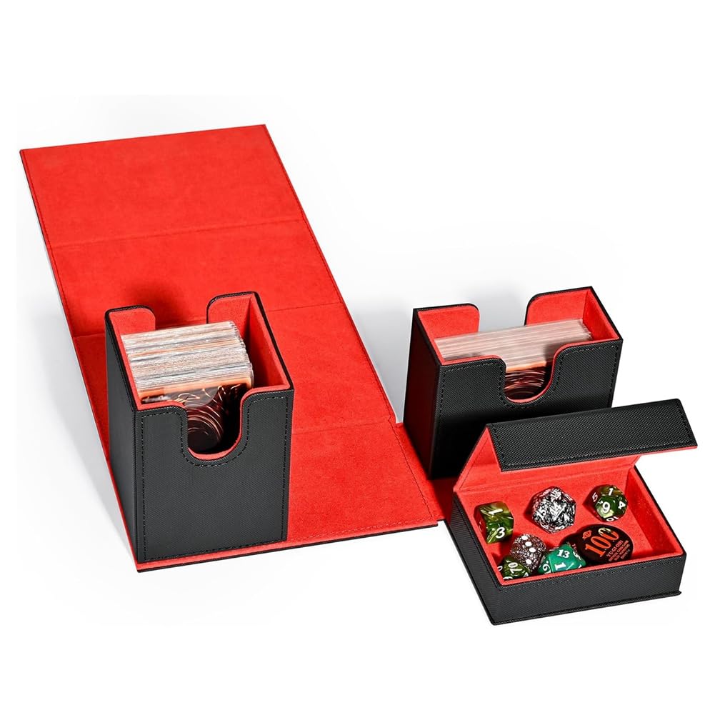 Premium Lozjokad Card Deck Box with Flip Dice Tray - Durable Storage Case for MTG, Pokemon & Sports Playing Cards (Black+Red) - Perfect for Game Nights, Travel & Card Collection Organization
