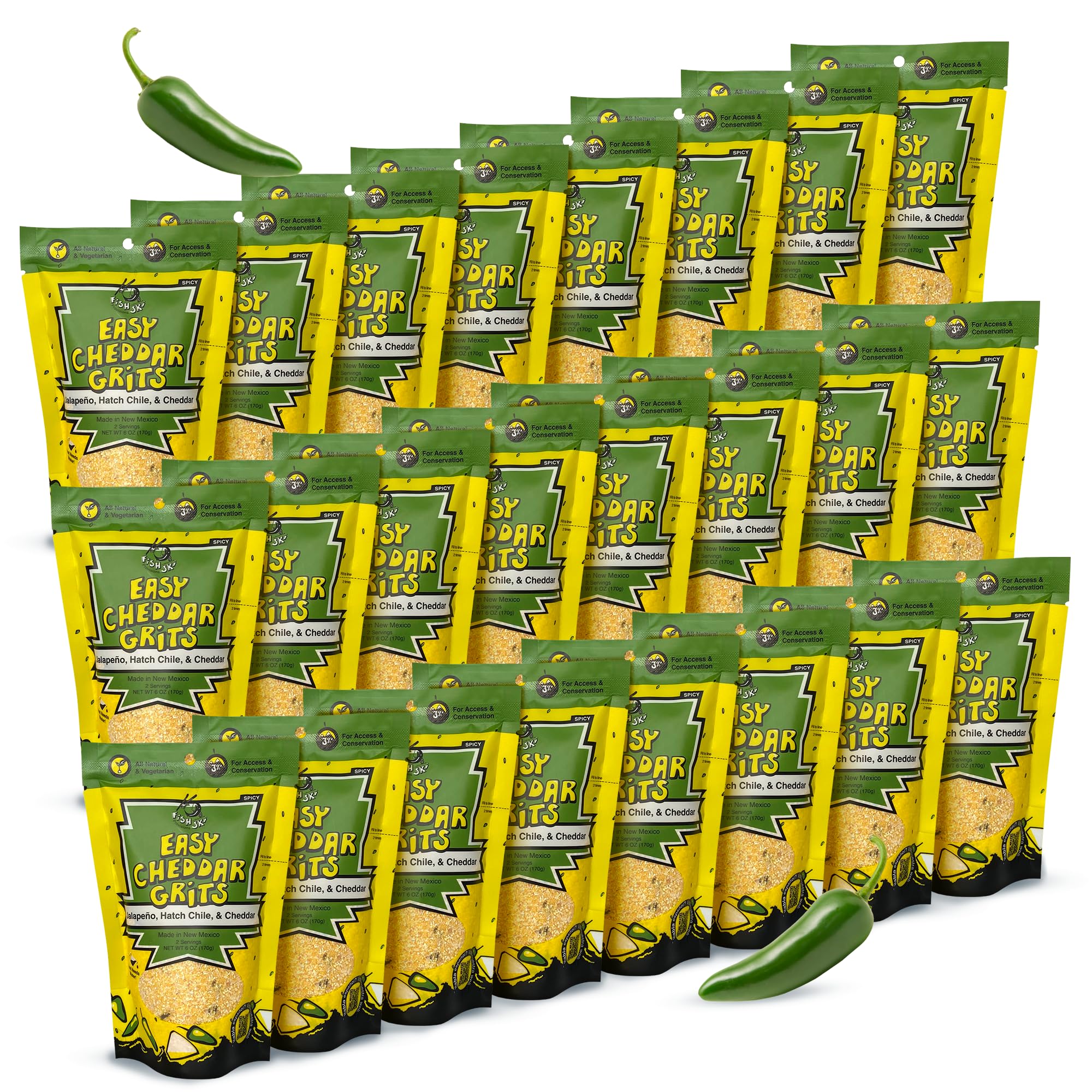 FishSki Provisions Jalapeno Yellow Corn Grits with Cheddar Cheese, Hatch Green Chile & Garlic - 6 oz Bags (24 Pack) | Perfect for Breakfast, Camping & Quick Meals