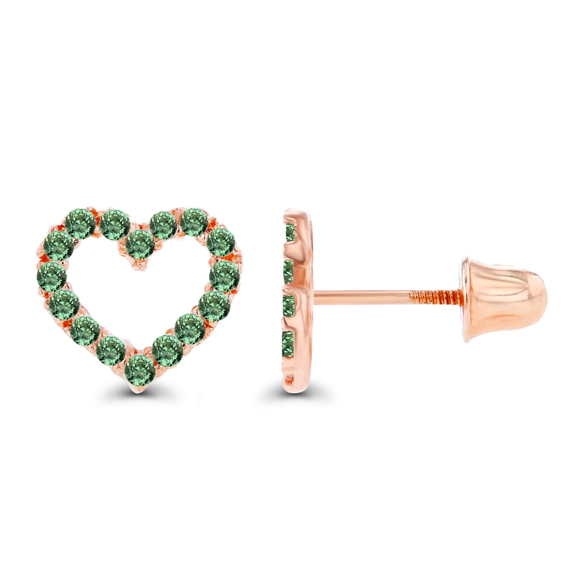 14K Solid Gold 7mm Open Heart Natural Birthstone Screwback Stud Earrings for Women | 1mm Round Birthstone | Elegant 14K Pave Heart Earrings | Perfect for Birthdays, Anniversaries & Special Occasions