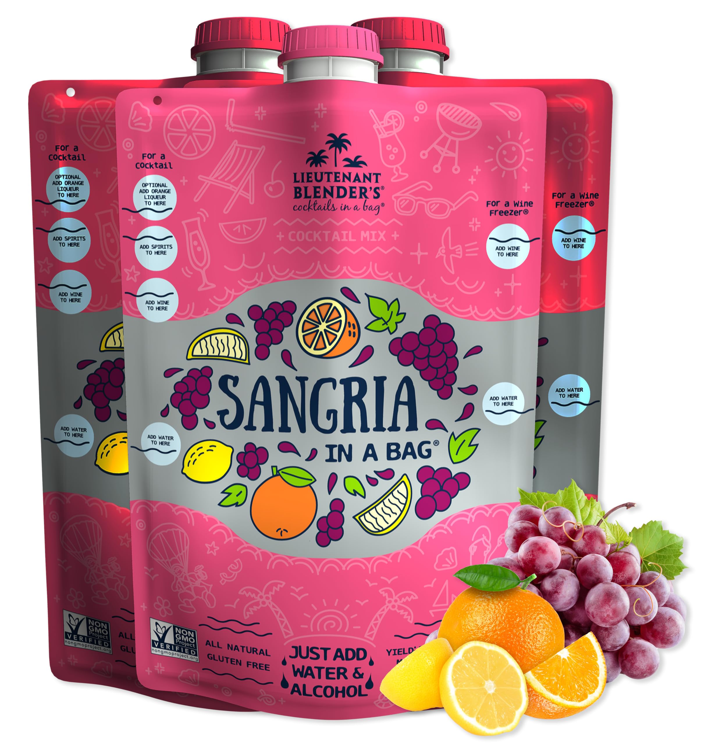 Lt. Blender's Sangria in a Bag – Premium Wine Slushie Mix – Makes 1/2 Gallon Frozen Red Sangria – Non-GMO, Easy Mix with Wine, Liquor or Mocktail – Perfect for Parties, BBQs & Summer Gatherings (Pack of 3)