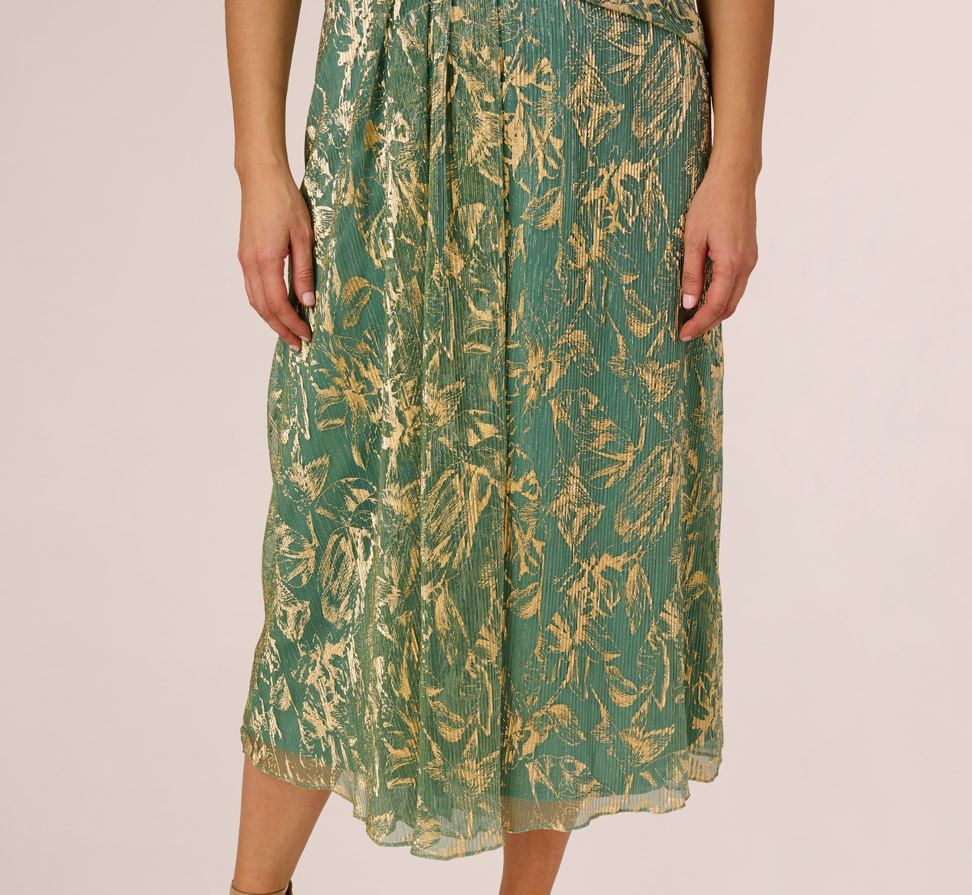 Plus Size Sleeveless Metallic Crinkle Midi Dress in Sage Gold - Elegant Women's Formal Evening Gown for Weddings, Parties & Special Occasions