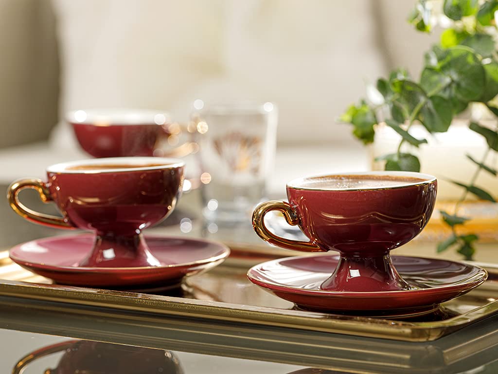LaModaHome 6-Piece Suza Porcelain Espresso Coffee Cups with Saucers - 80ml Turkish/Arabic/Greek Coffee Set in Burgundy - Perfect for Home, Office, Gifts & Entertaining - Ideal for Women, Men, Wedding & Housewarming Presents