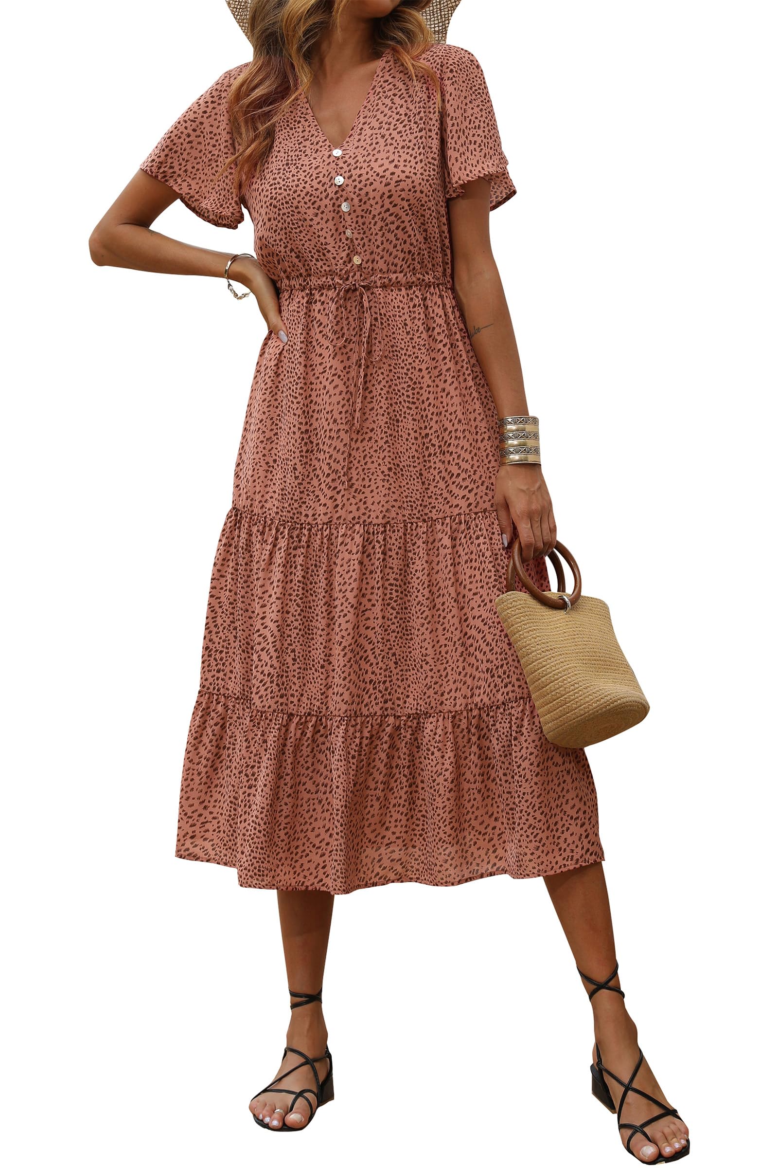 PRETTYGARDEN Women's Floral Maxi Dress - 2025 Summer Casual Short Sleeve V-Neck Tiered Boho Sundress | Perfect for Beach Vacations, Date Nights & Outdoor Parties