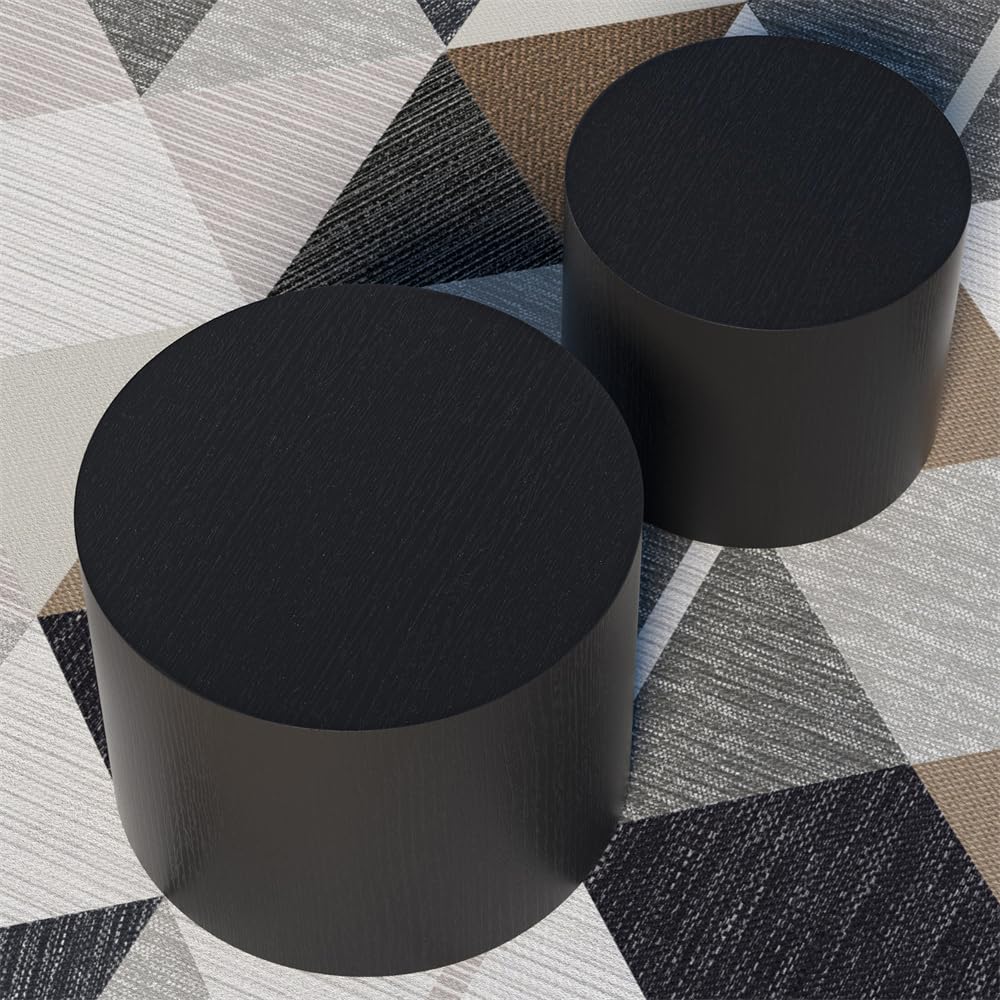 Modern Drum Nesting Coffee Table Set of 2 - Round MDF Side & End Tables for Living Room, Office, Bedroom - Space-Saving, No Assembly Required in Matte Black - Perfect for Small Spaces & Home Decor