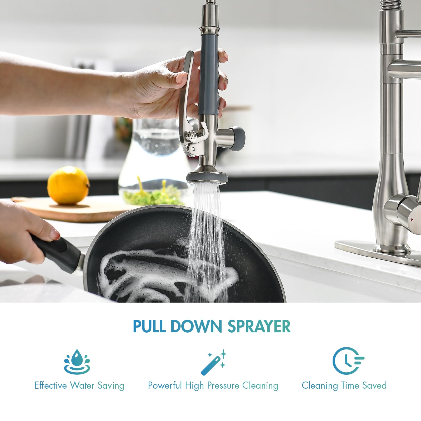 GIMILI Commercial Grade Brushed Nickel Kitchen Faucet - Single Handle Pull Down Sprayer with High Pressure & Deck Plate - Stainless Steel Sink Faucet for Restaurant & Home Kitchen Use