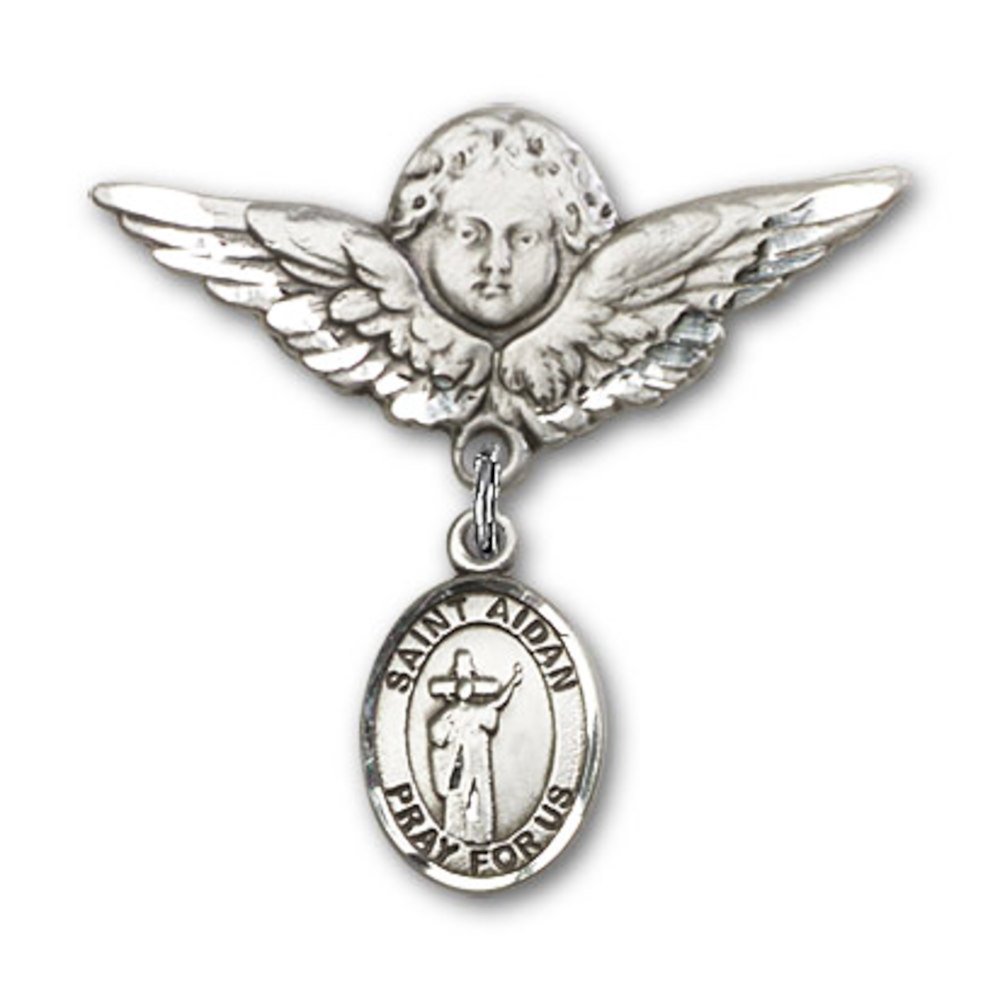 Sterling Silver Baby Badge Pin with St. Aidan of Lindesfarne Charm & Angel Wing Charm - Perfect for Christening, Baptism, and First Communion Gifts