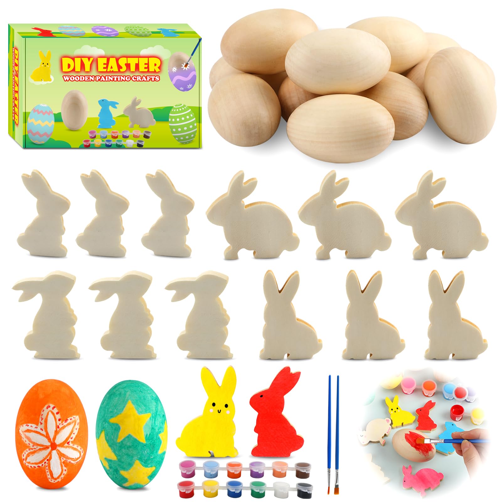 Easter Egg Painting Kit - 24pcs Wooden Eggs & Bunny Decorations for Kids DIY Crafts, Easter Basket Stuffers, Birthday Party Favors, Classroom Prizes (Ages 4-12) - Perfect for Easter Celebrations, Family Activities & Creative Gift Giving