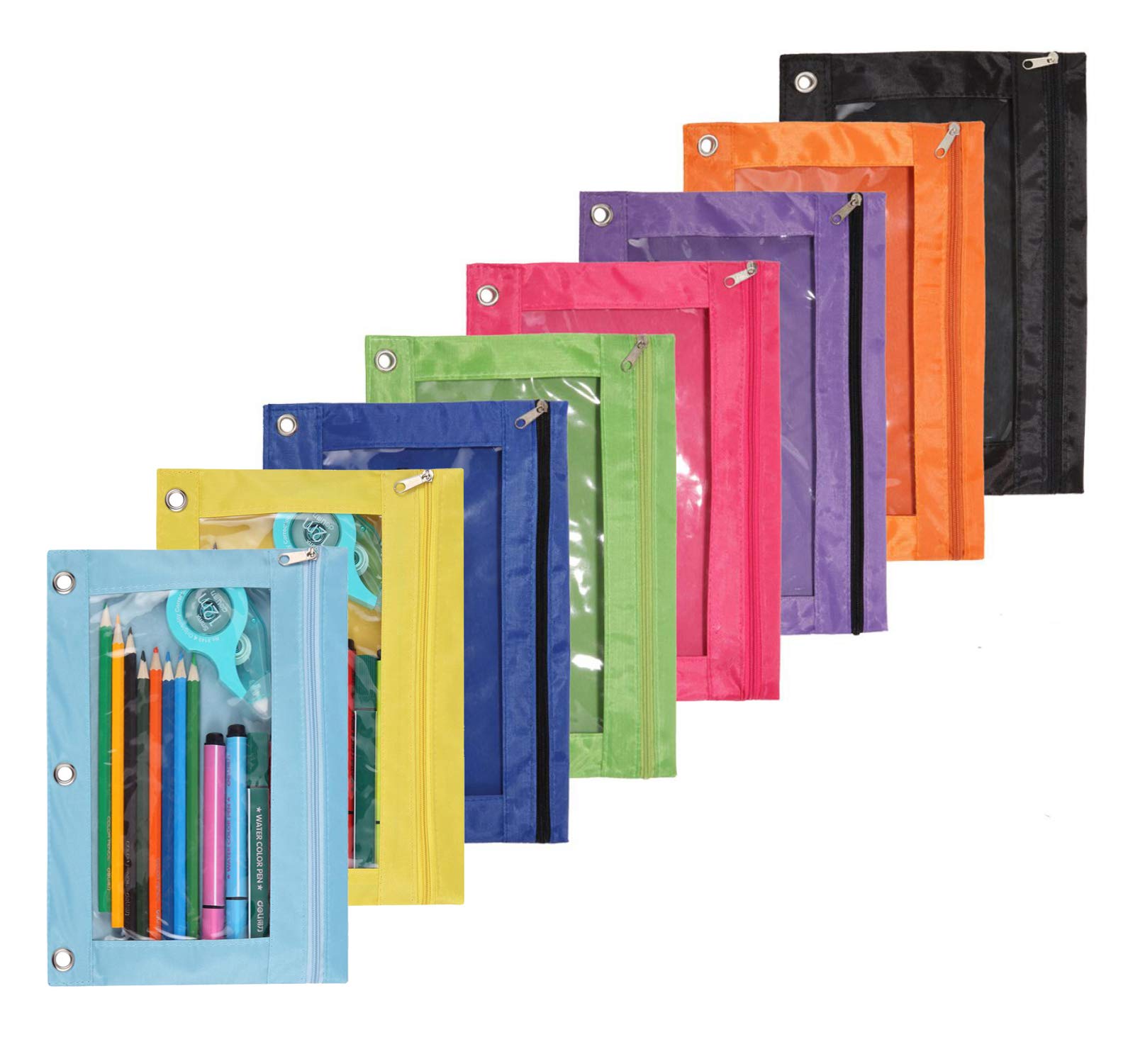 8 Pack Multicolor Zippered Binder Fabric Pencil Pouch with Clear Window - 3 Ring School Supplies for Classroom Organization, Homework & Art Storage (Perfect for Students, Teachers & Office Use)