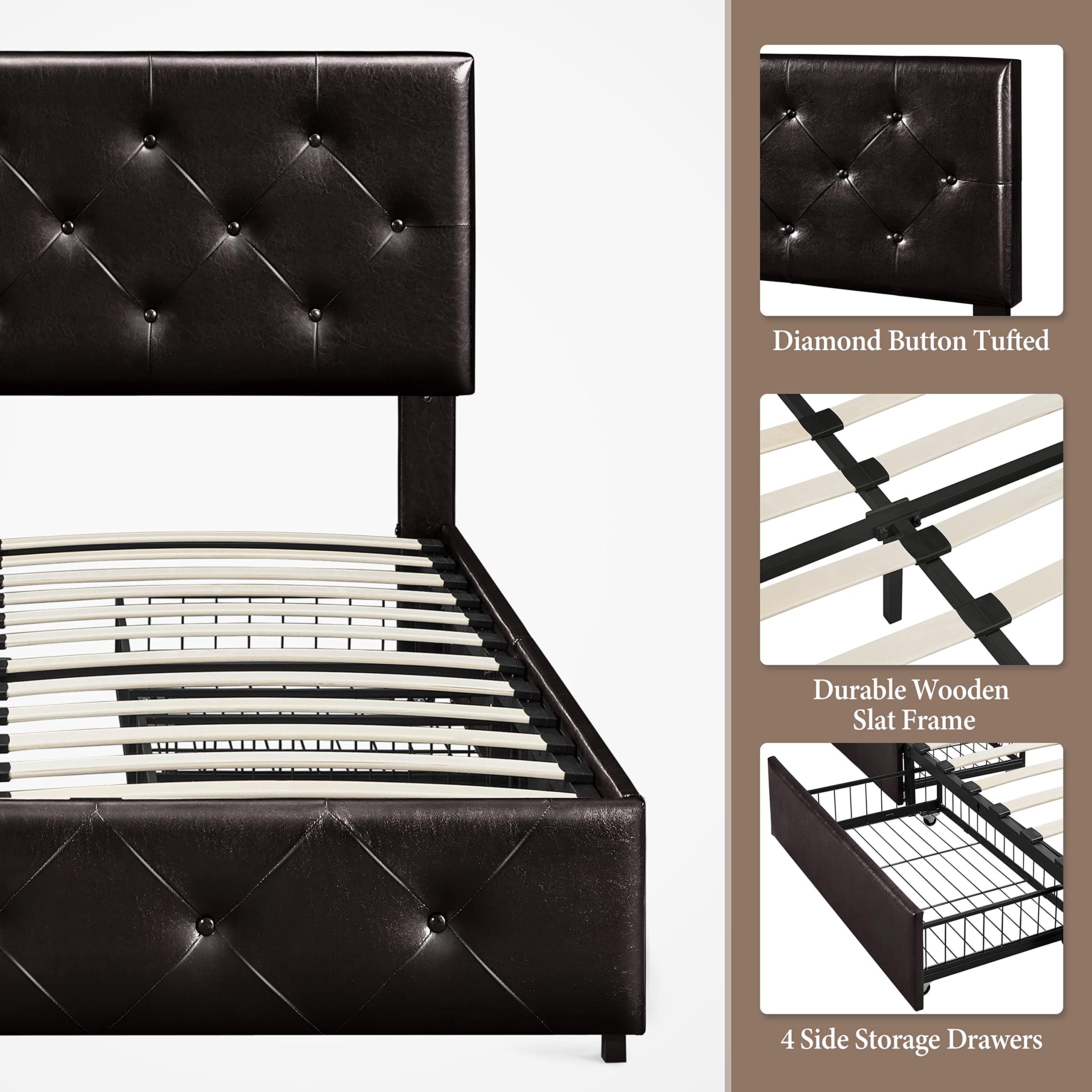 Topeakmart Queen Upholstered Bed Frame with Adjustable Headboard, 4 Storage Drawers & Wood Slat Support - Tufted Faux Leather Platform Bed, No Box Spring Needed (Black Brown) - Perfect for Small Bedrooms, Guest Rooms & Space-Saving Storage Solutions