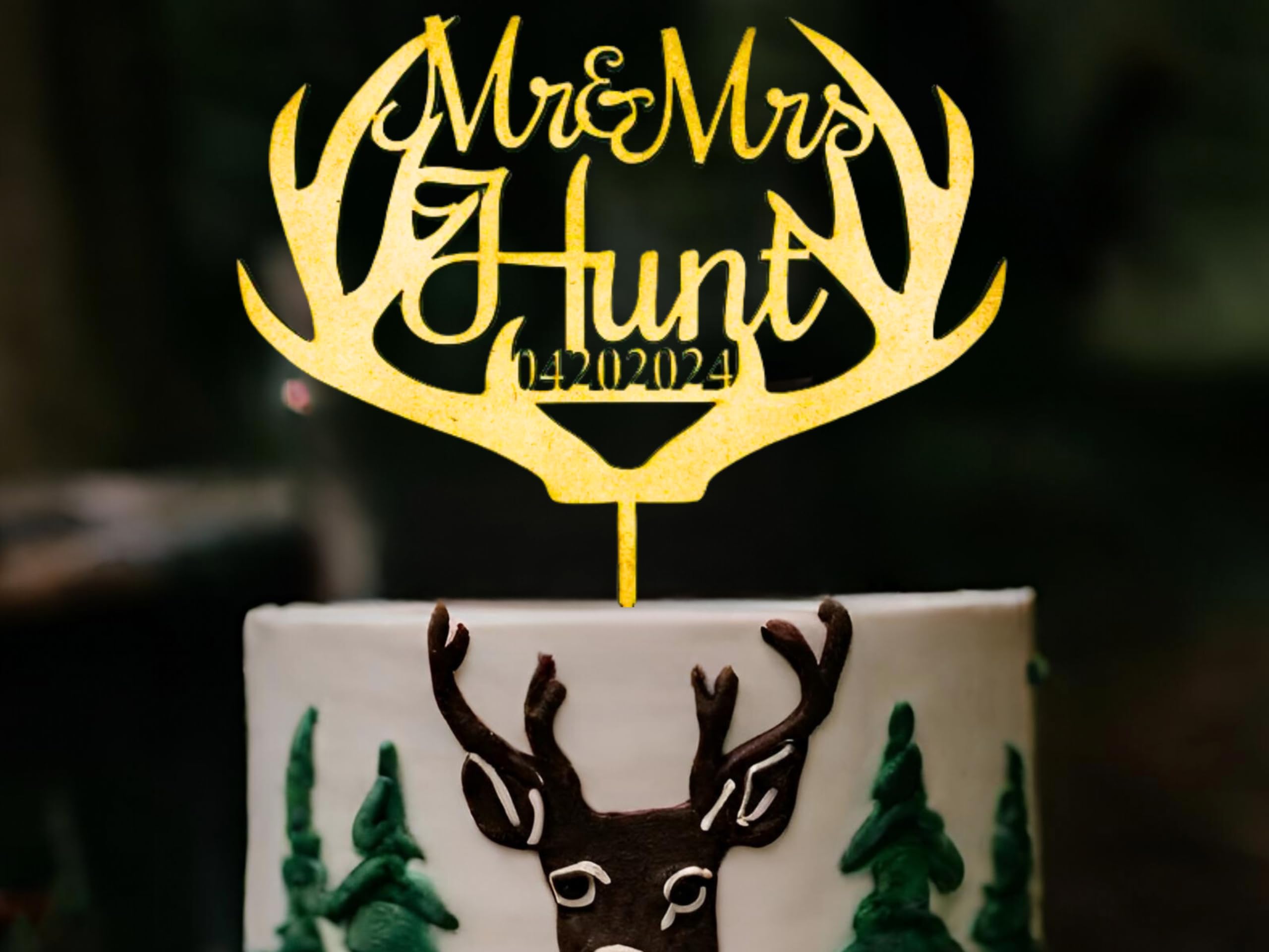 Mr & Mrs Deer Antler Cake Topper - Rustic Calligraphy Wedding Anniversary Cake Decoration - Custom Personalized Cake Topper for Weddings, Anniversaries & Romantic Celebrations